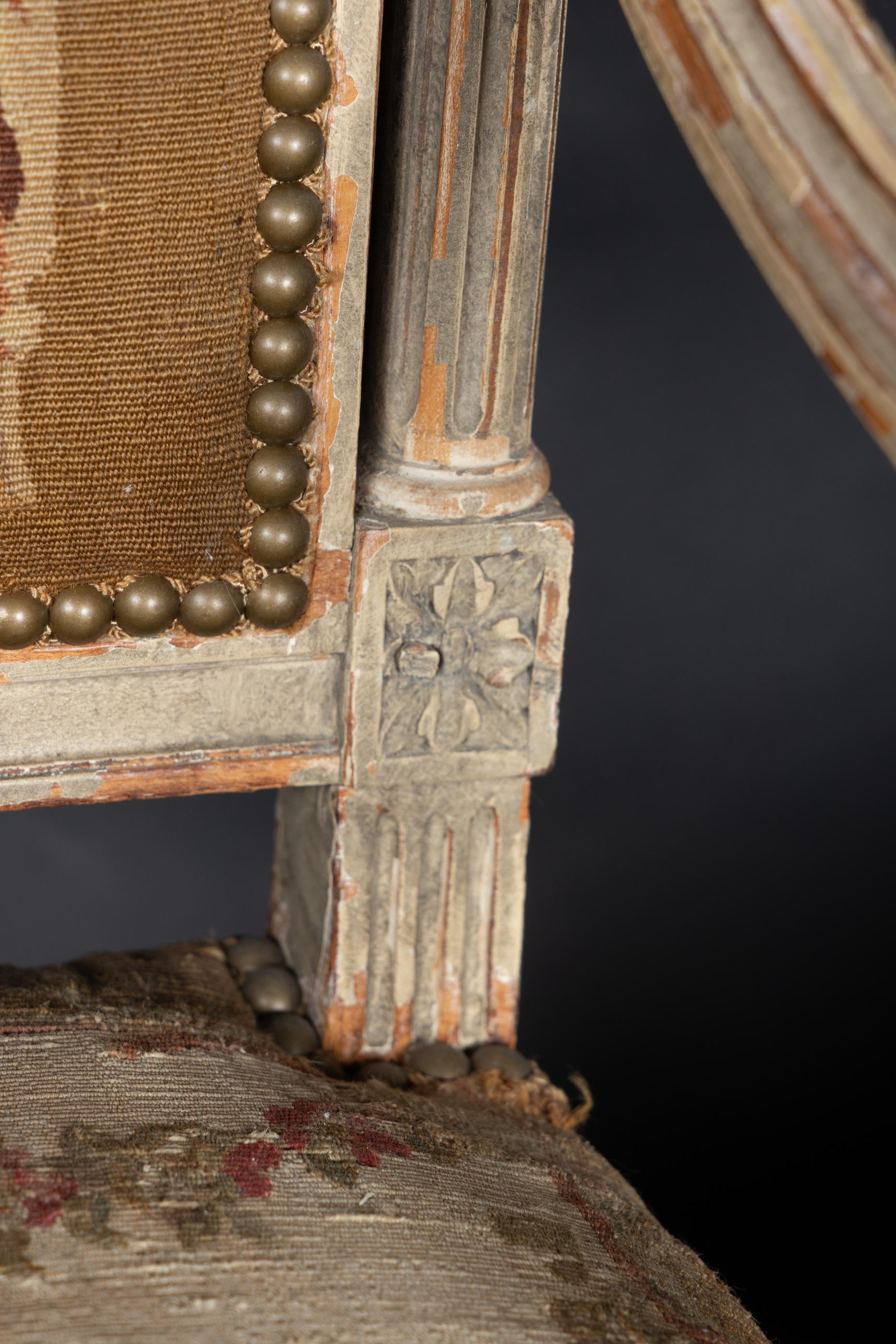 Pair of  French Late 18th Century Louis XVI Carved, Painted Fauteuil Armchairs 8