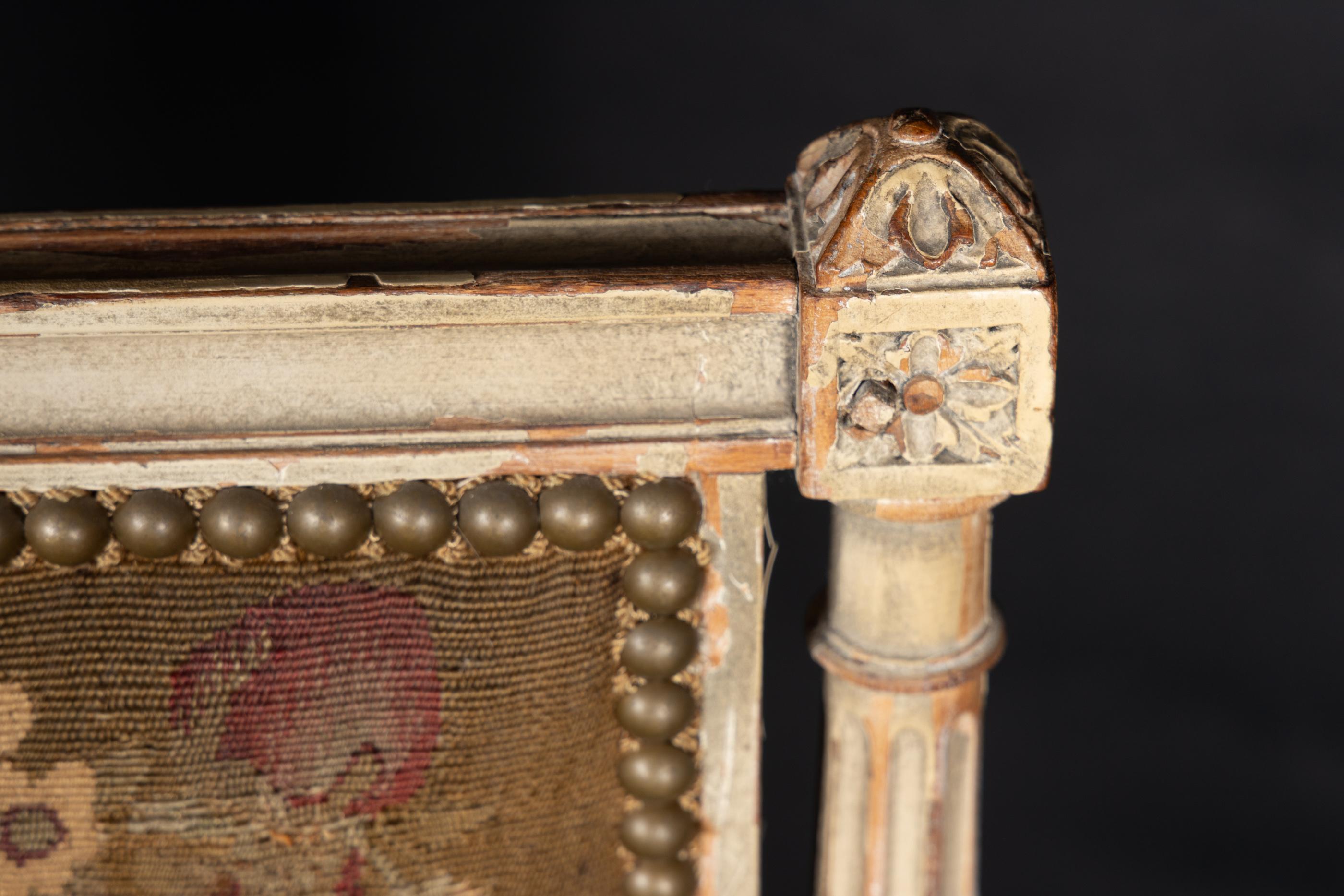 Pair of  French Late 18th Century Louis XVI Carved, Painted Fauteuil Armchairs 10