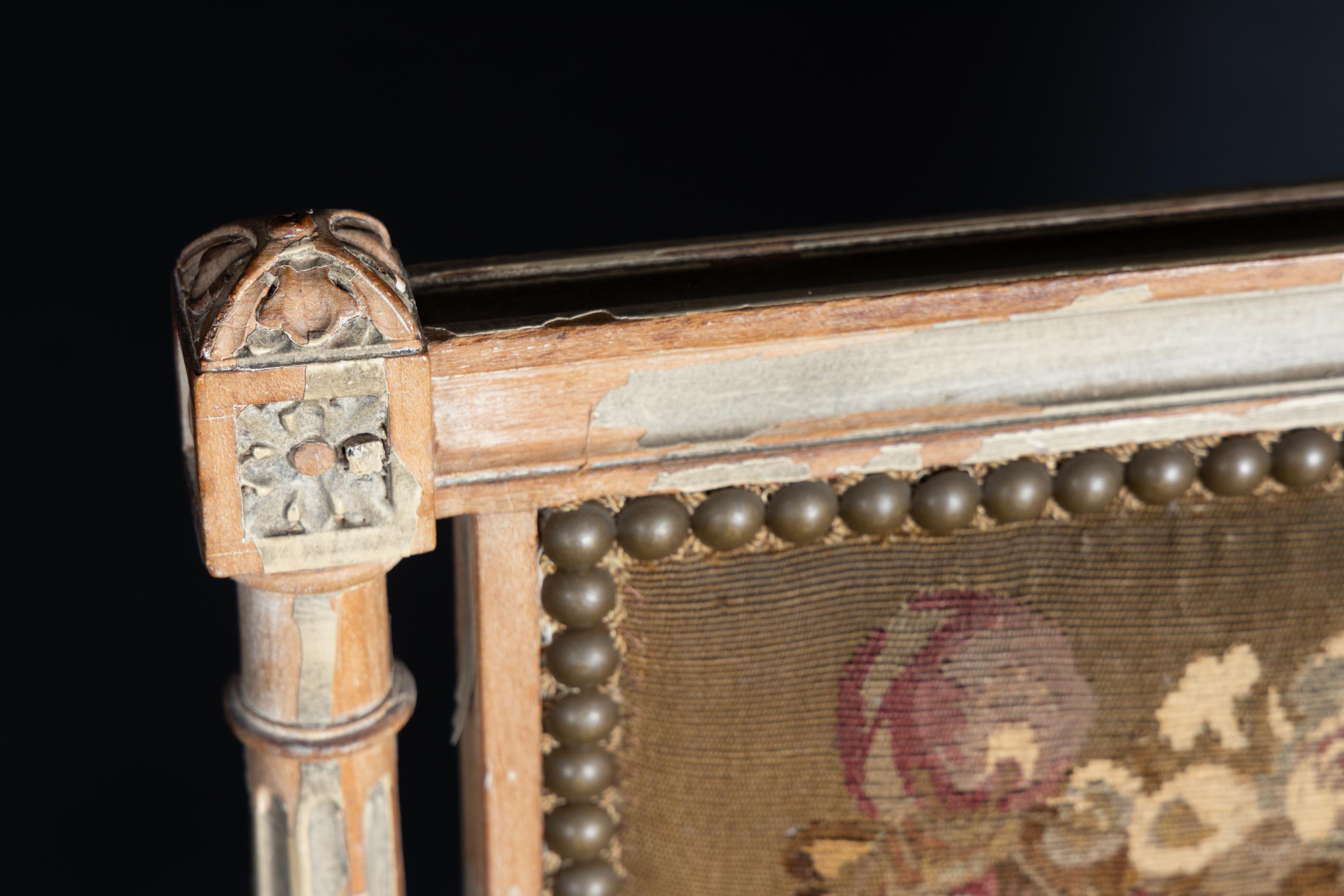 Pair of  French Late 18th Century Louis XVI Carved, Painted Fauteuil Armchairs 11