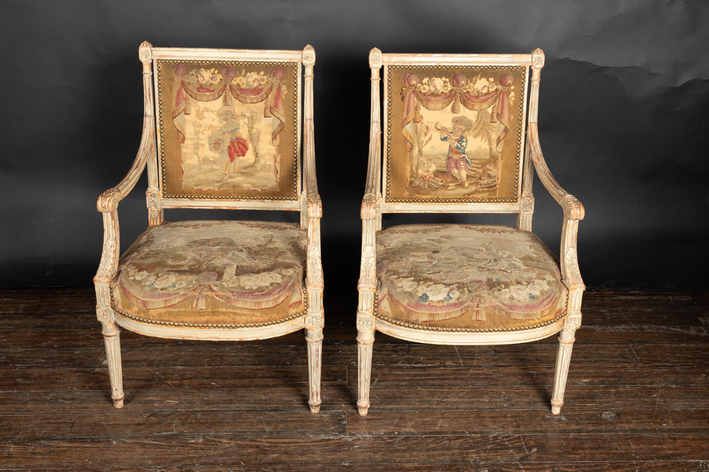 Pair of  French Late 18th Century Louis XVI Carved, Painted Fauteuil Armchairs 12