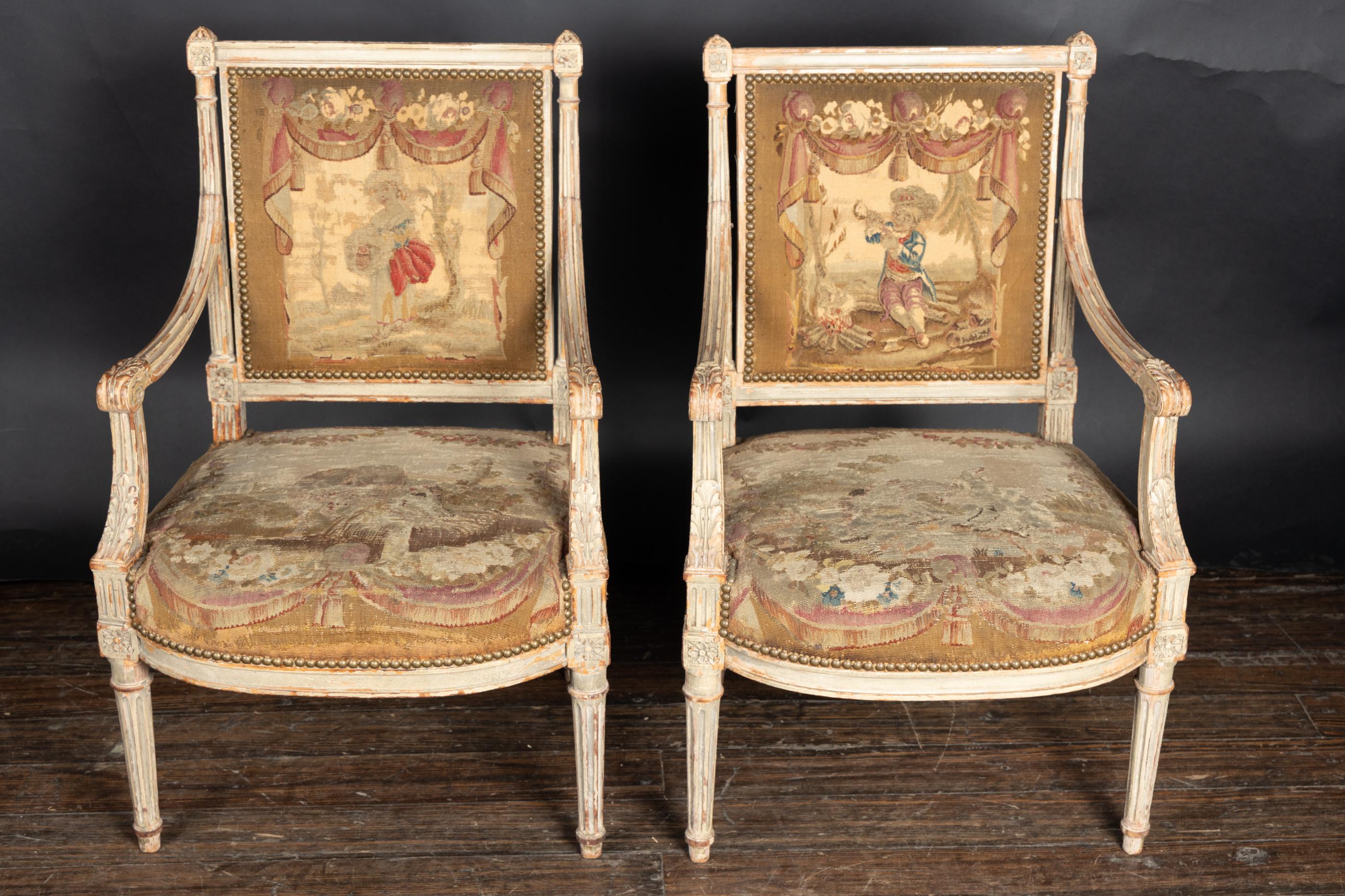 Pair of  French Late 18th Century Louis XVI Carved, Painted Fauteuil Armchairs 13