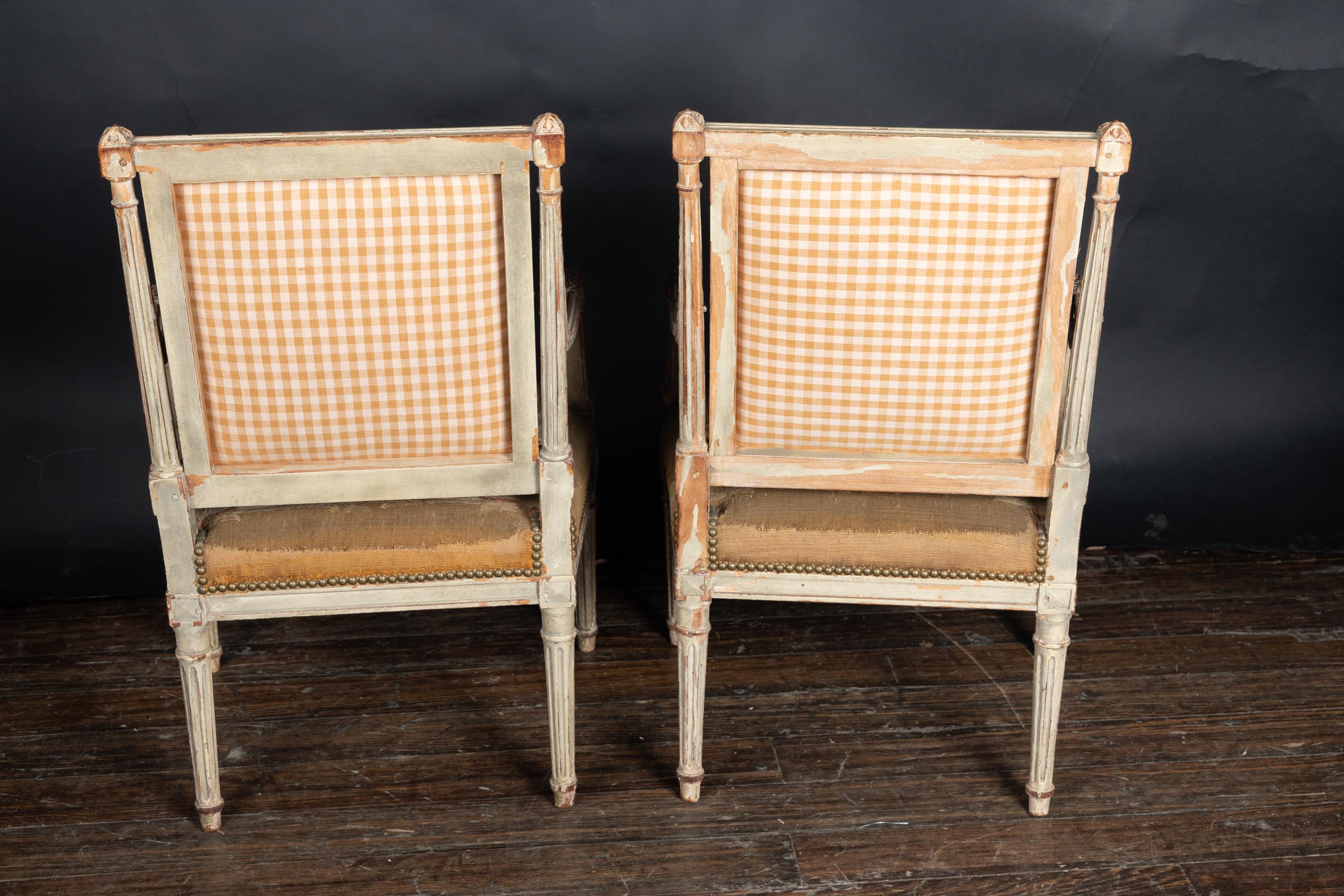 Pair of  French Late 18th Century Louis XVI Carved, Painted Fauteuil Armchairs 14