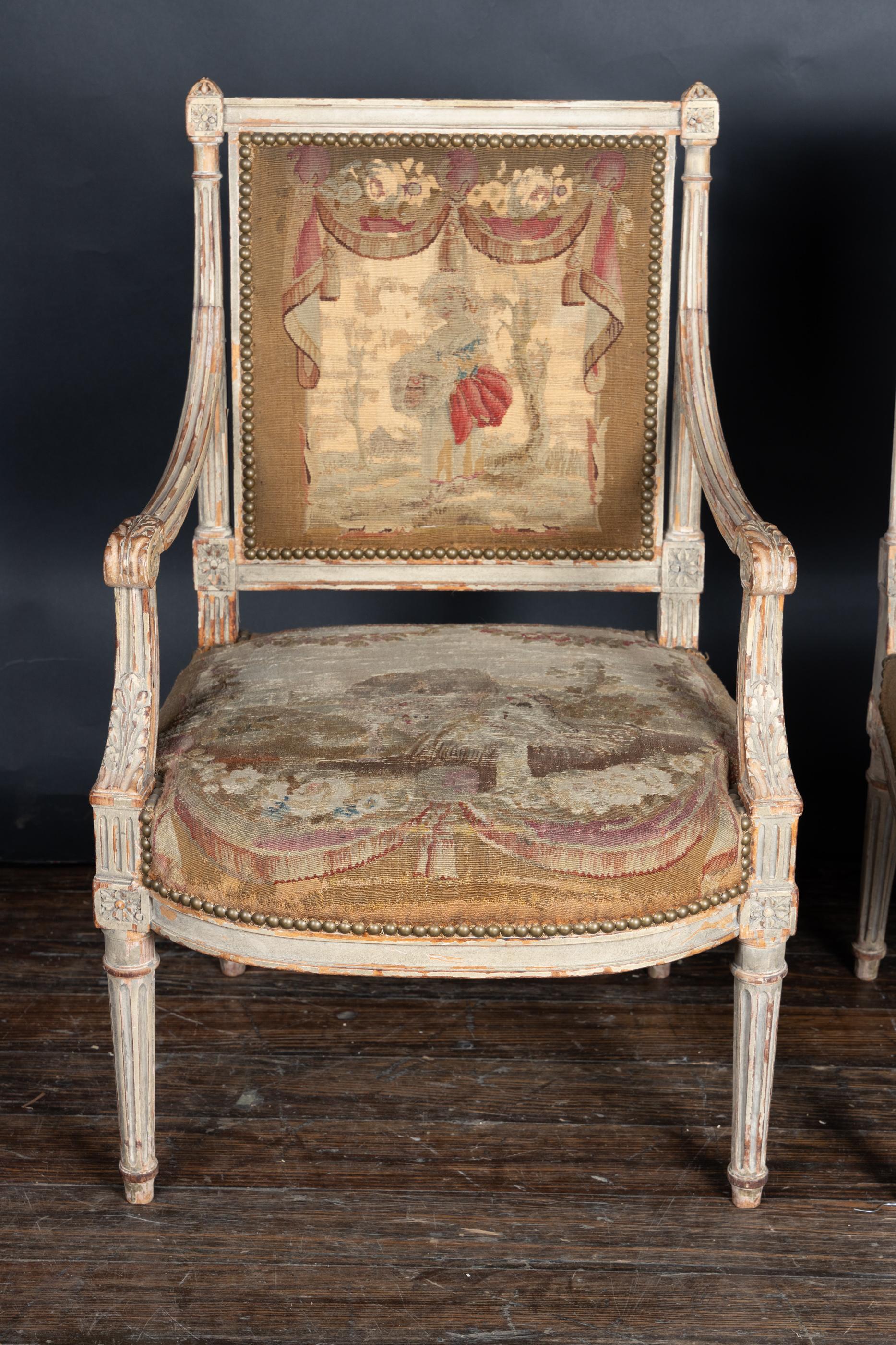 Pair of  French Late 18th Century Louis XVI Carved, Painted Fauteuil Armchairs 15