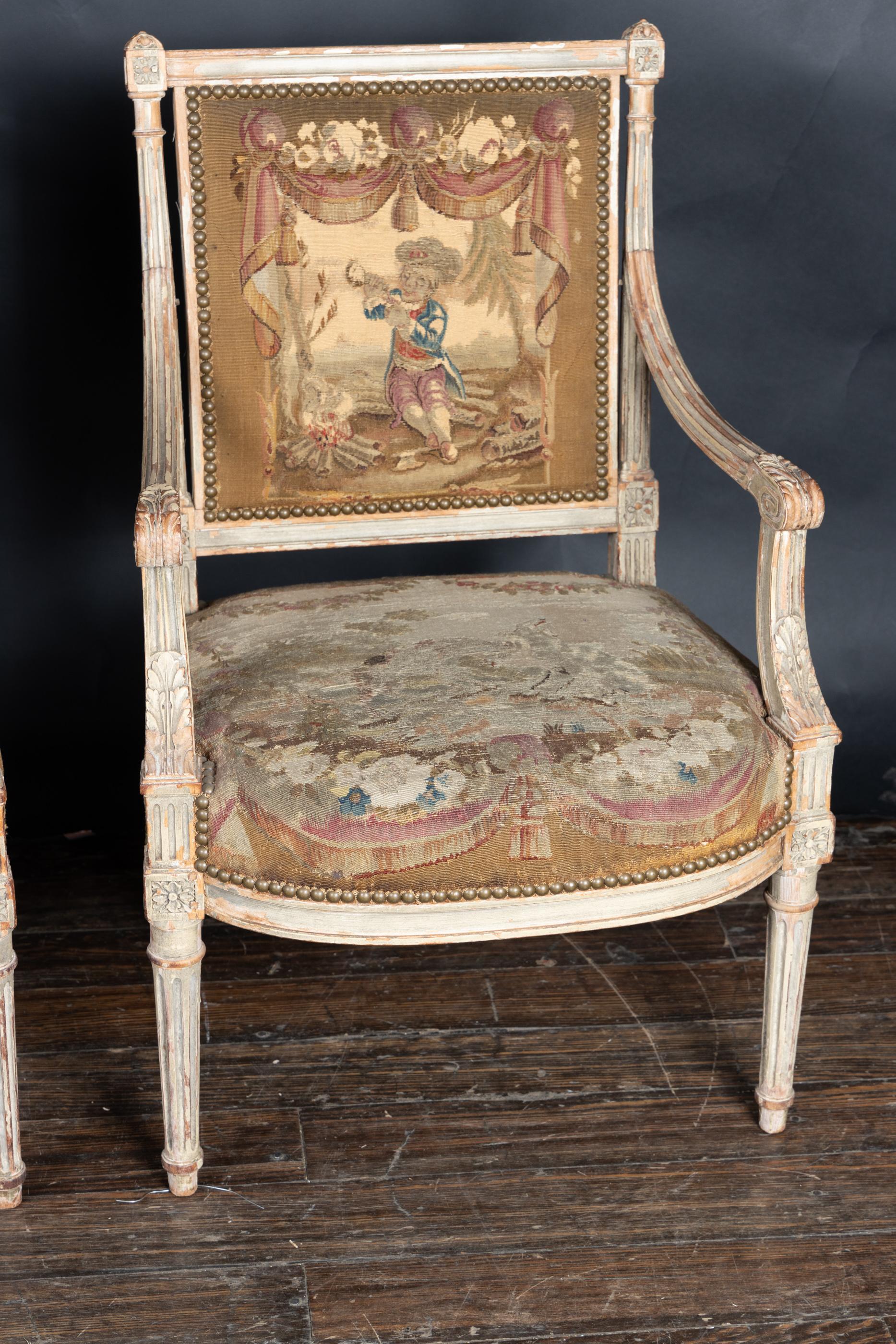 Pair of  French Late 18th Century Louis XVI Carved, Painted Fauteuil Armchairs 16