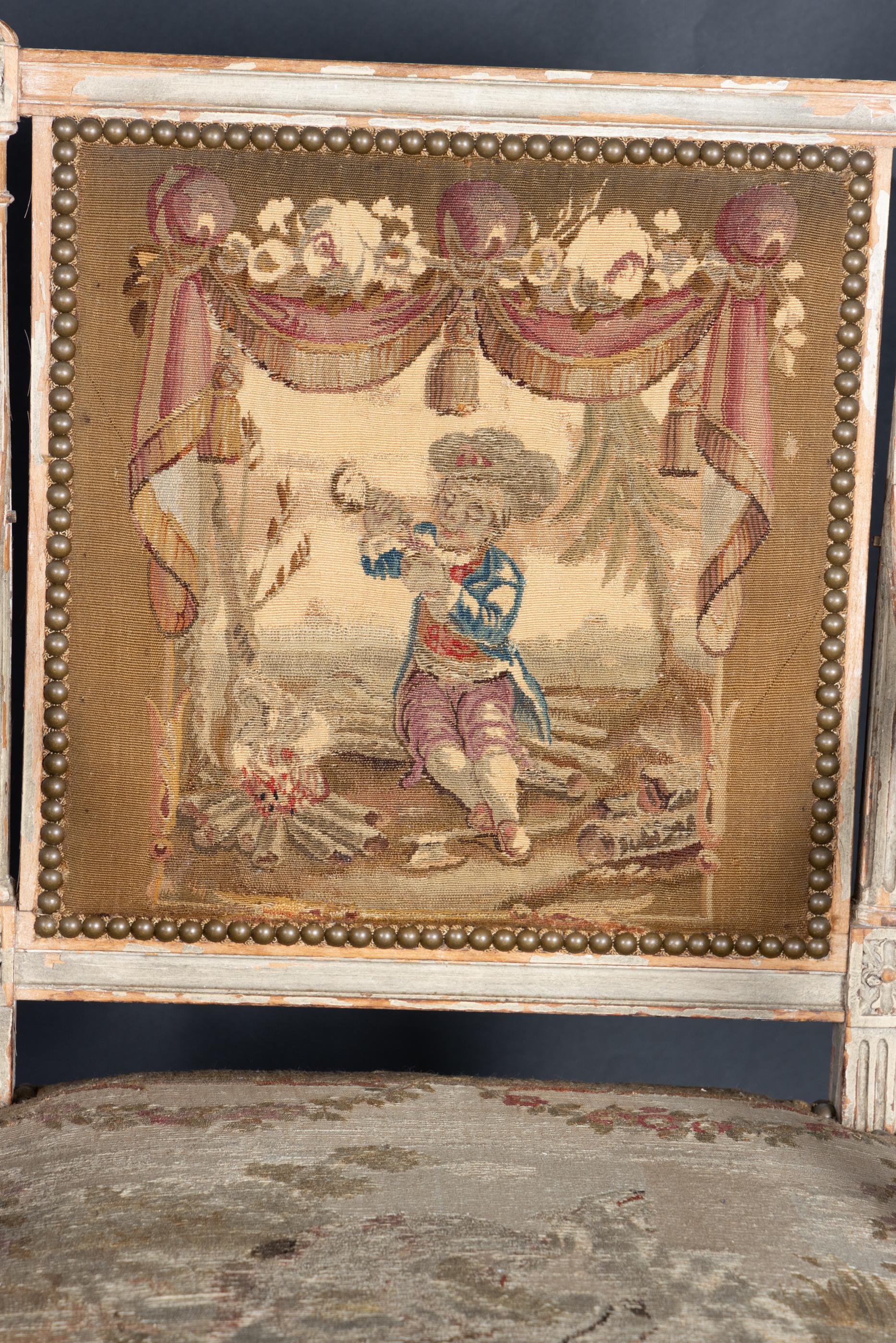 Tapestry Pair of  French Late 18th Century Louis XVI Carved, Painted Fauteuil Armchairs
