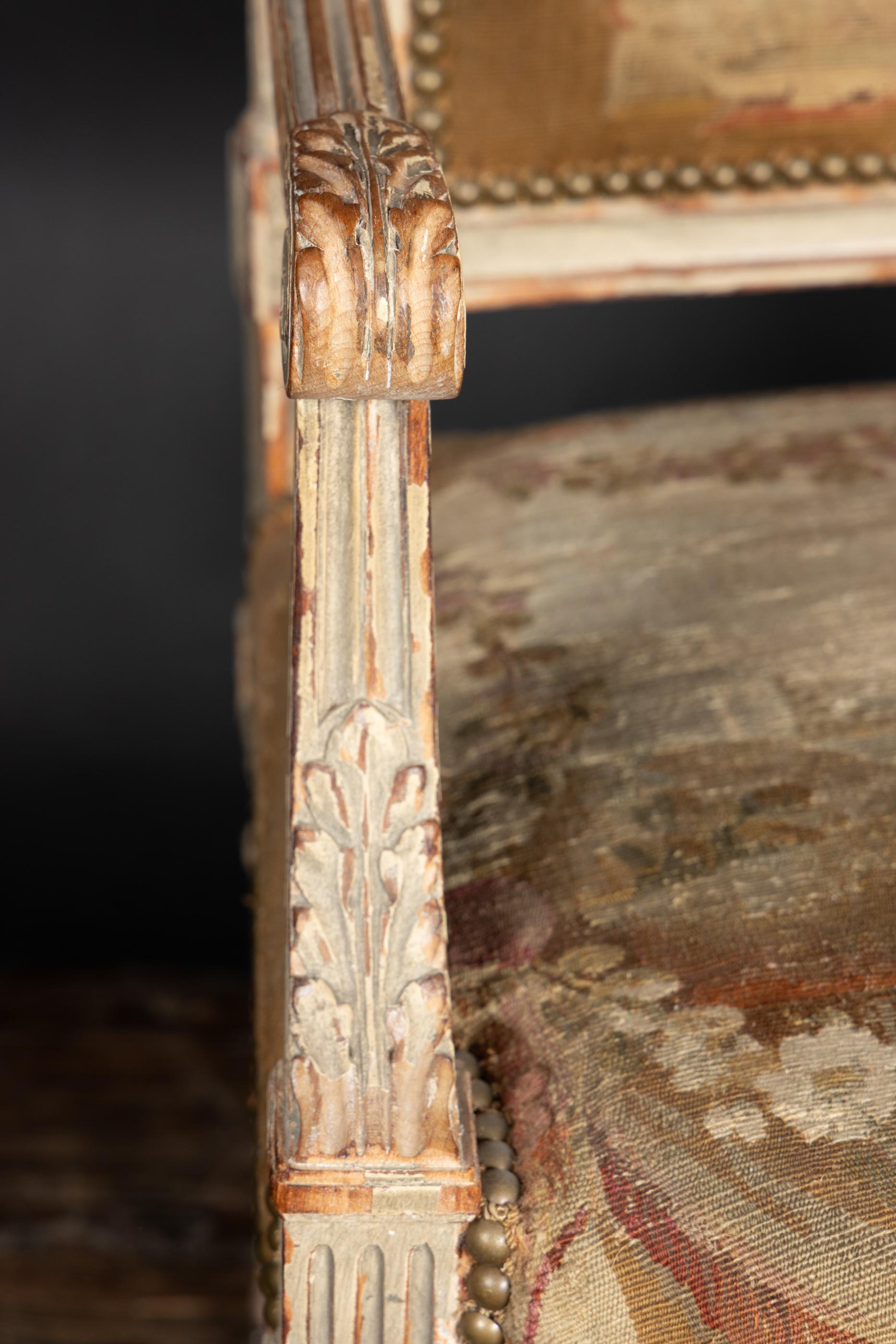 Pair of  French Late 18th Century Louis XVI Carved, Painted Fauteuil Armchairs 2