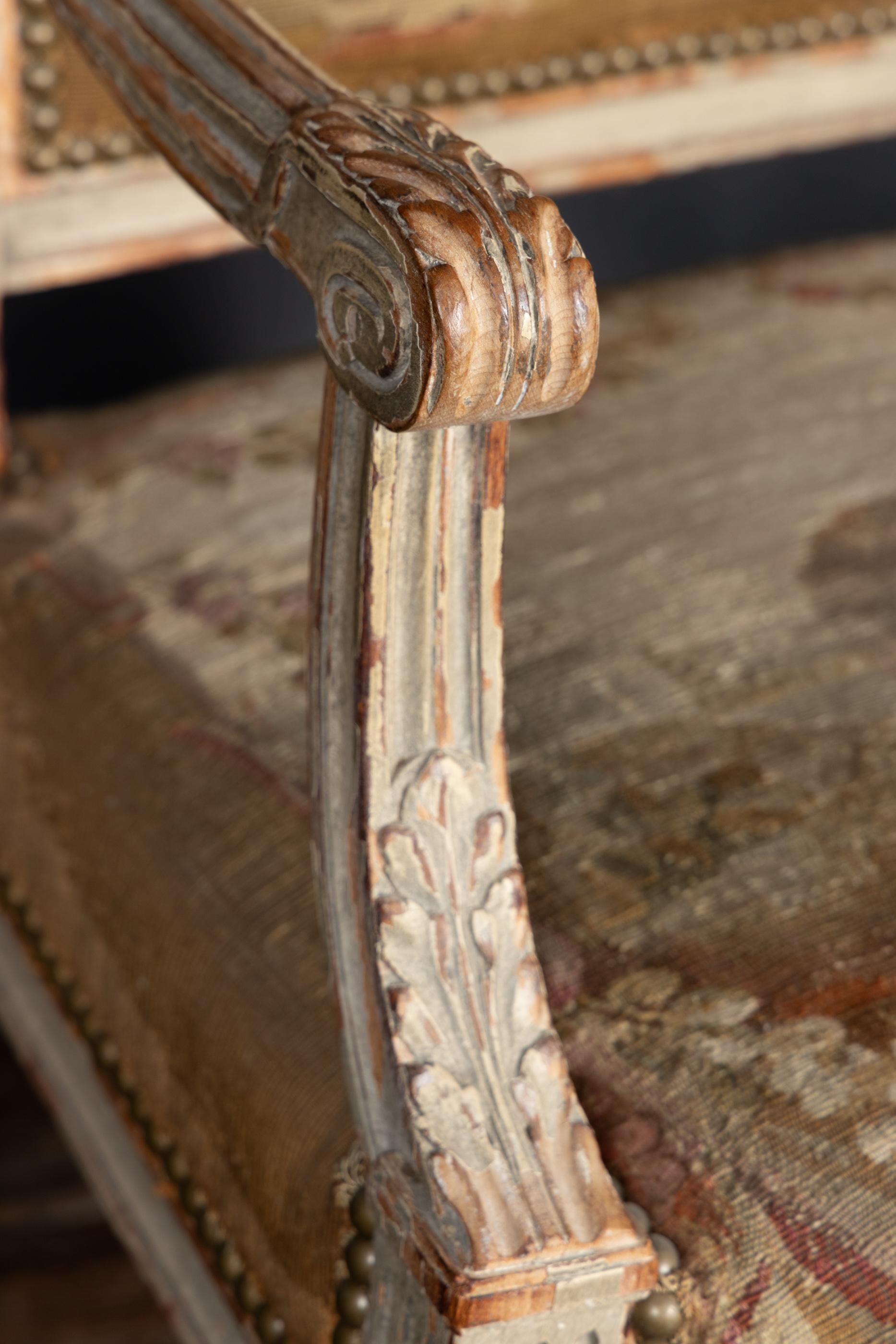 Pair of  French Late 18th Century Louis XVI Carved, Painted Fauteuil Armchairs 3