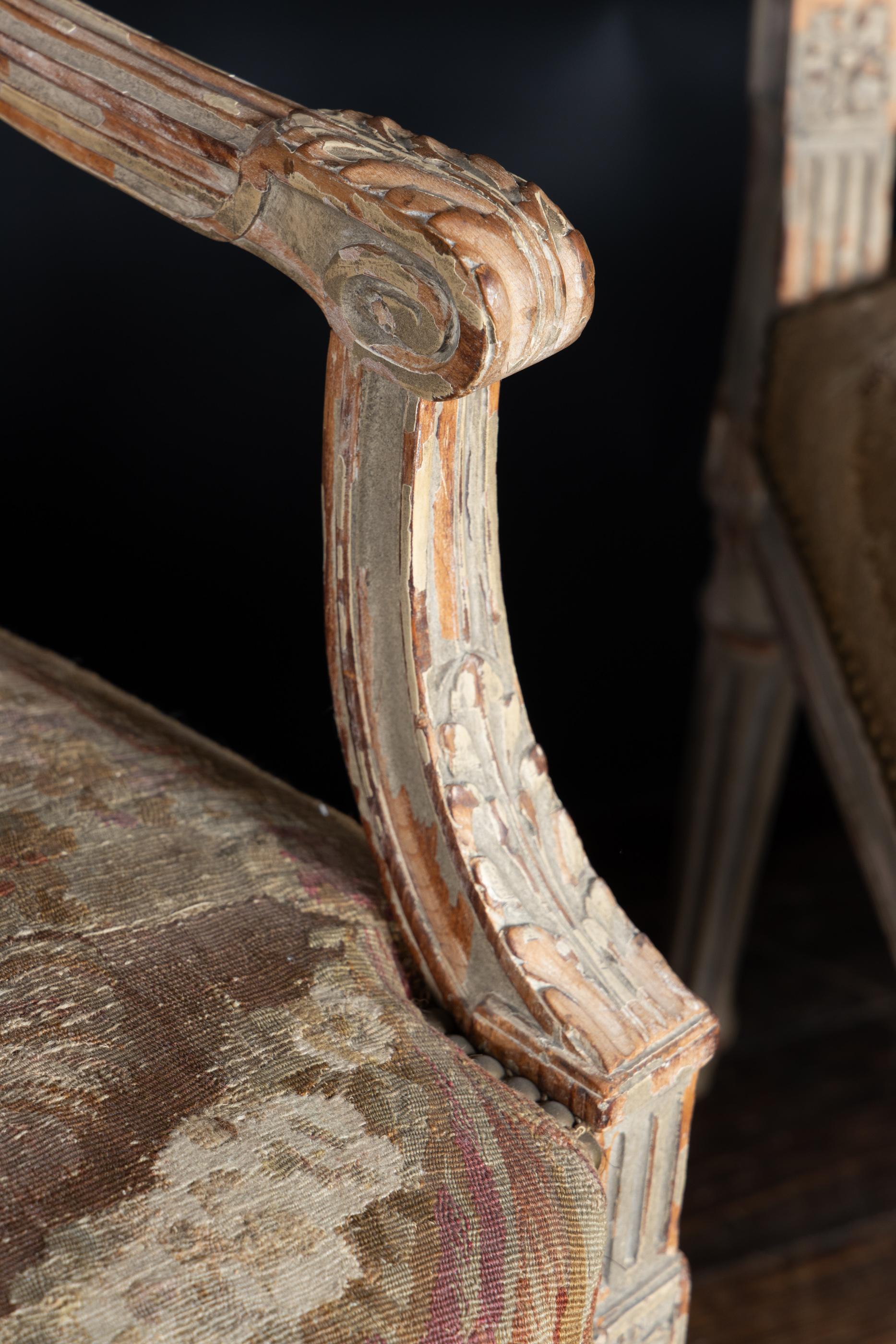 Pair of  French Late 18th Century Louis XVI Carved, Painted Fauteuil Armchairs 4