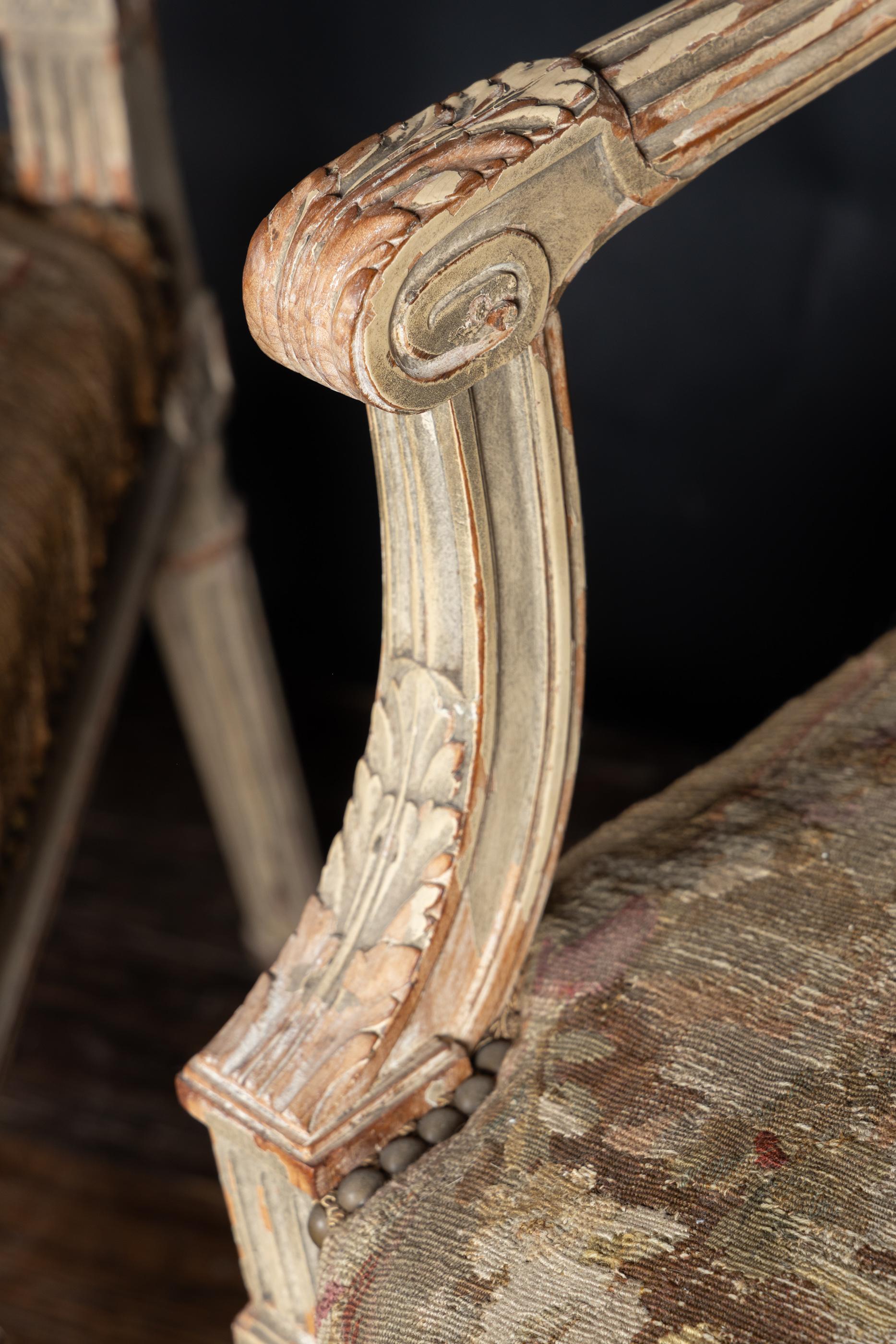 Pair of  French Late 18th Century Louis XVI Carved, Painted Fauteuil Armchairs 5