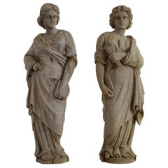 Pair of French Late 18th Century Neoclassical Weathered Oak Figures
