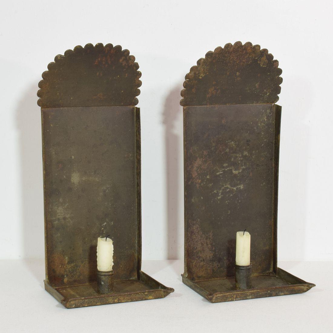 Hand-Crafted Pair of French, Late 18th, Early 19th Century Iron Wall Candleholders