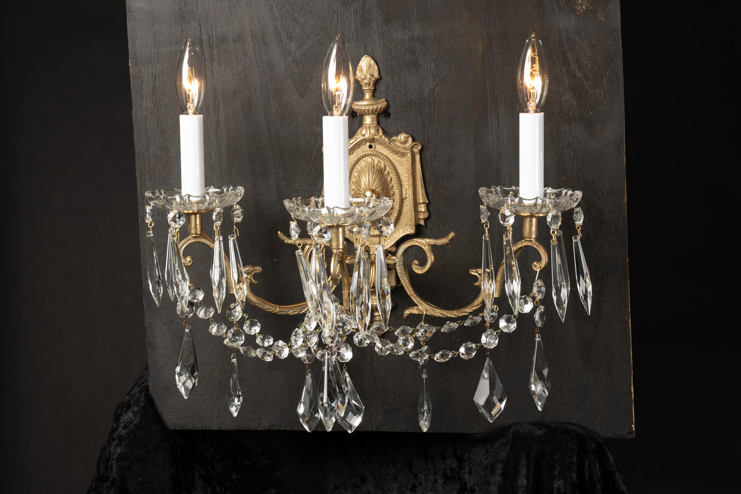 Pair of French Late 19th Century Louis XVI Bronze and Crystal Sconces  In Good Condition For Sale In New Orleans, LA