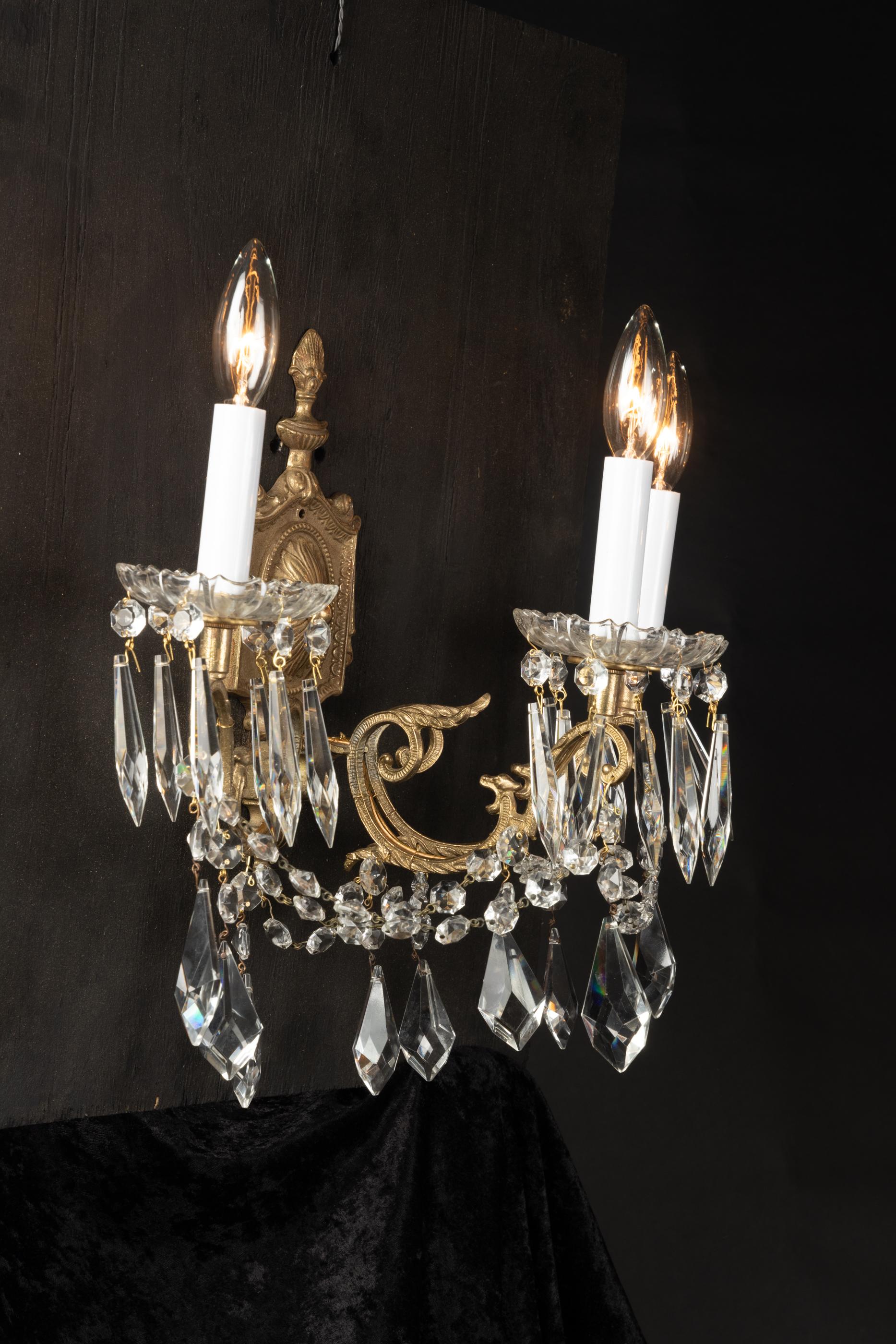  Pair of French Late 19th Century Louis XVI Bronze and Crystal Sconces  For Sale 1