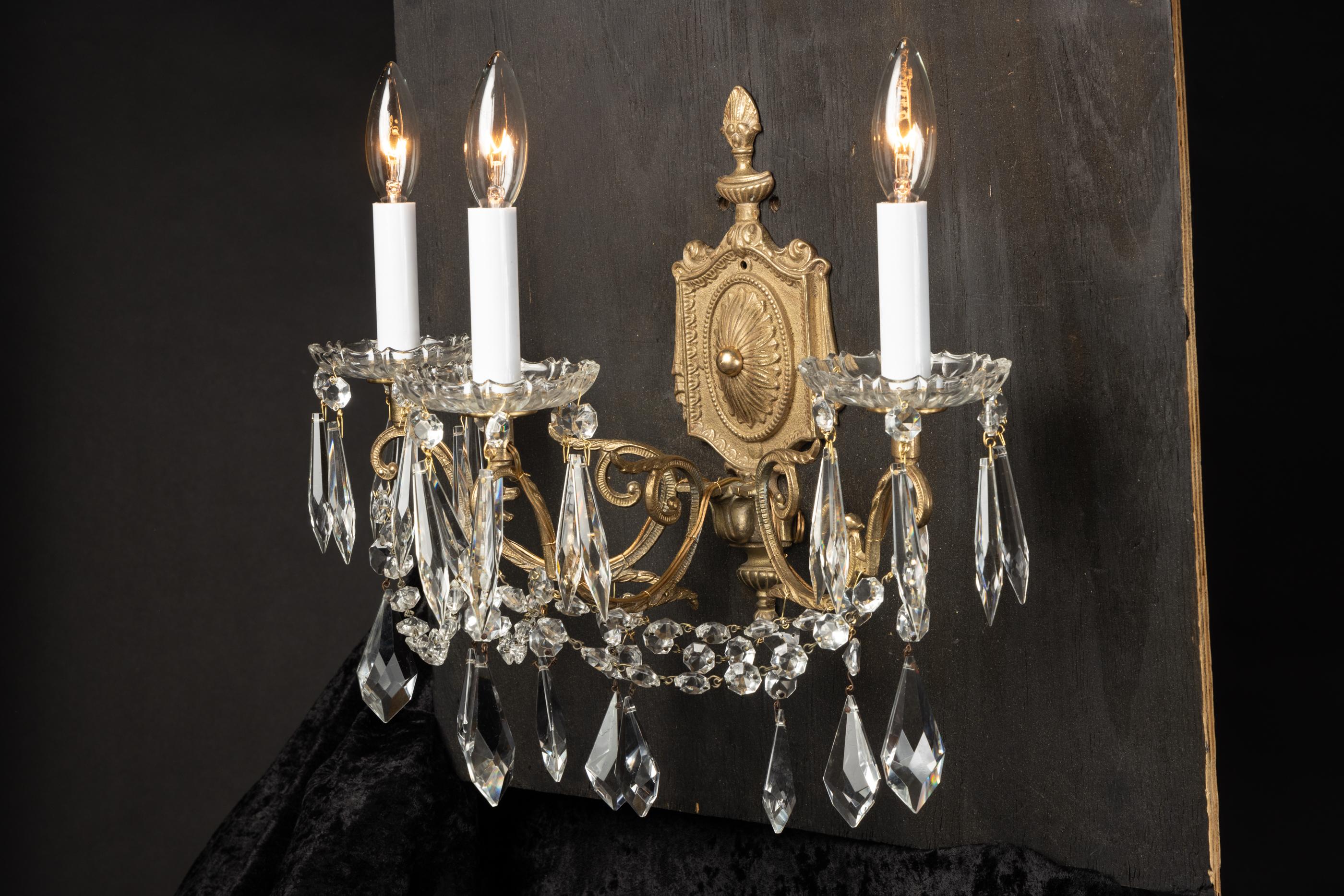  Pair of French Late 19th Century Louis XVI Bronze and Crystal Sconces  For Sale 2