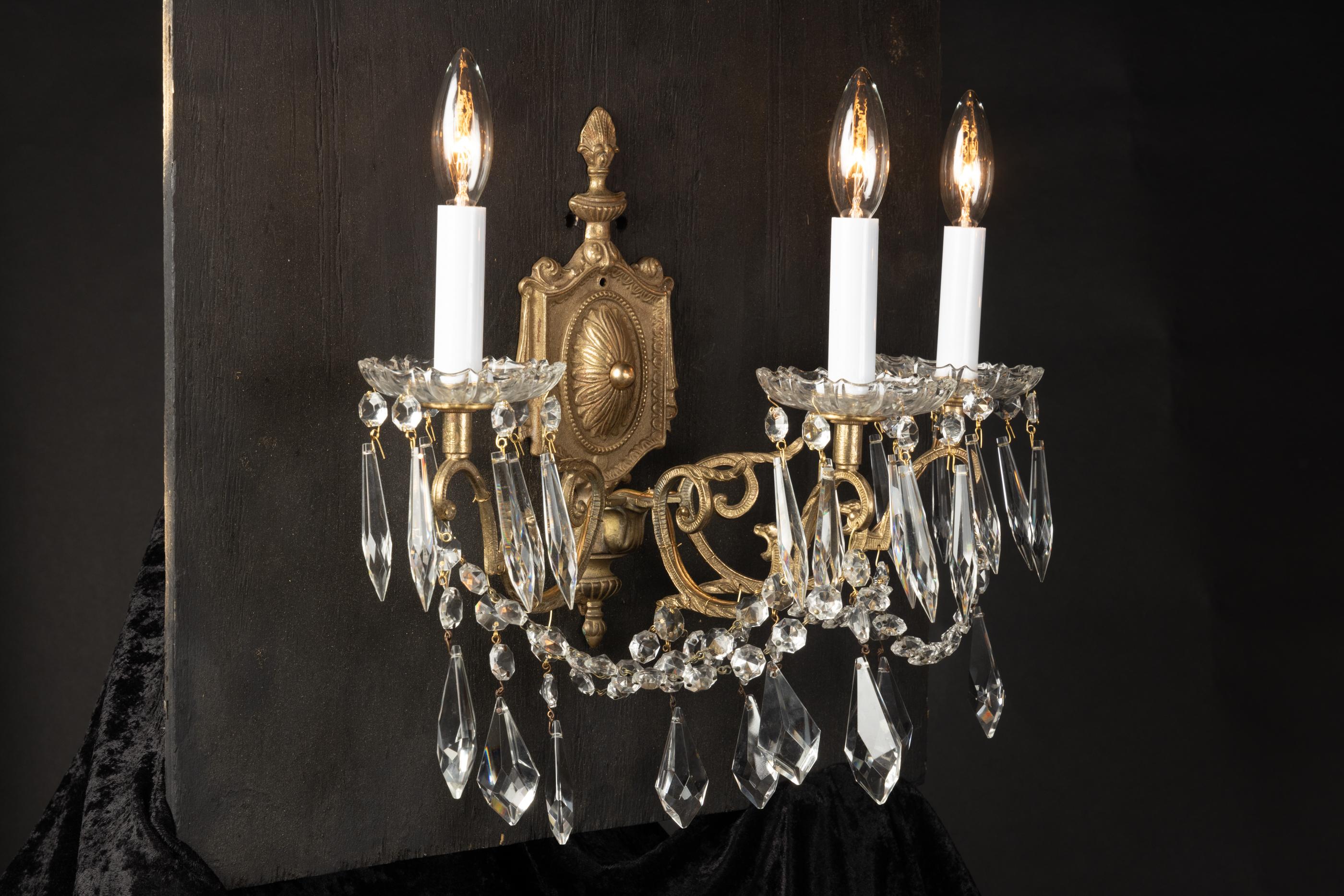  Pair of French Late 19th Century Louis XVI Bronze and Crystal Sconces  For Sale 3