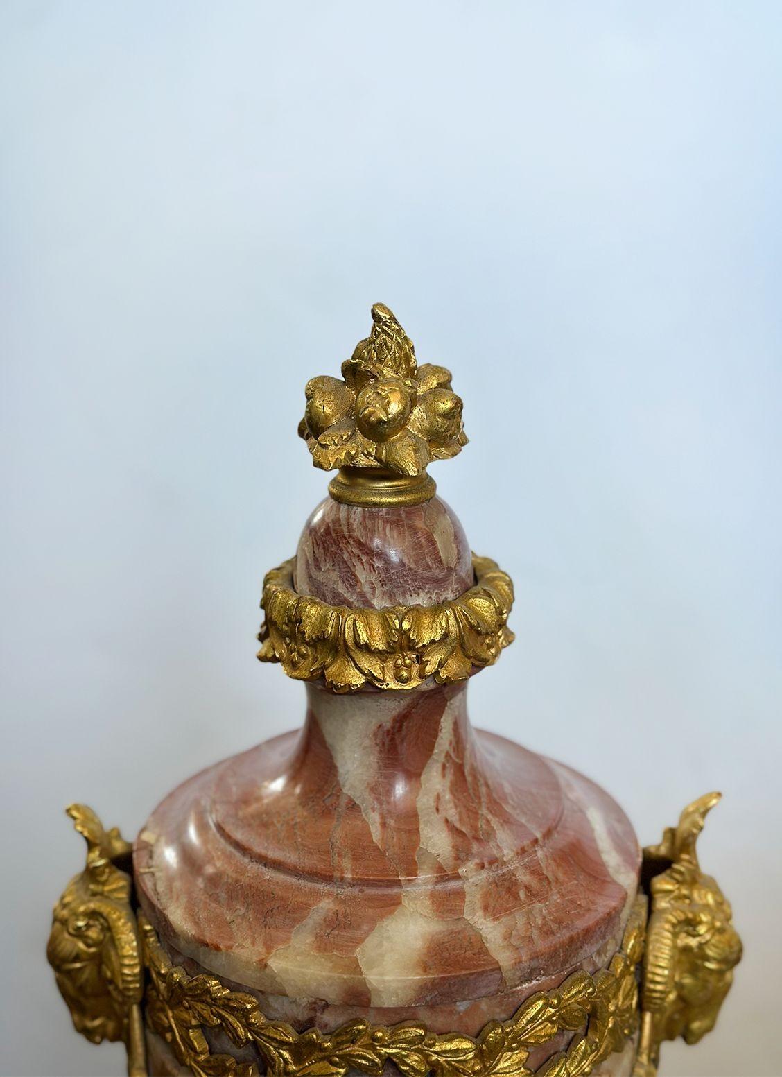 Una coppia di bellissimi vasi a urna realizzati in marmo ricco di venature e con montature in bronzo ormolinato su tutto il perimetro. Ognuno di essi poggia su una base di marmo quadrata. Le urne presentano due teste di ariete montate sui lati e