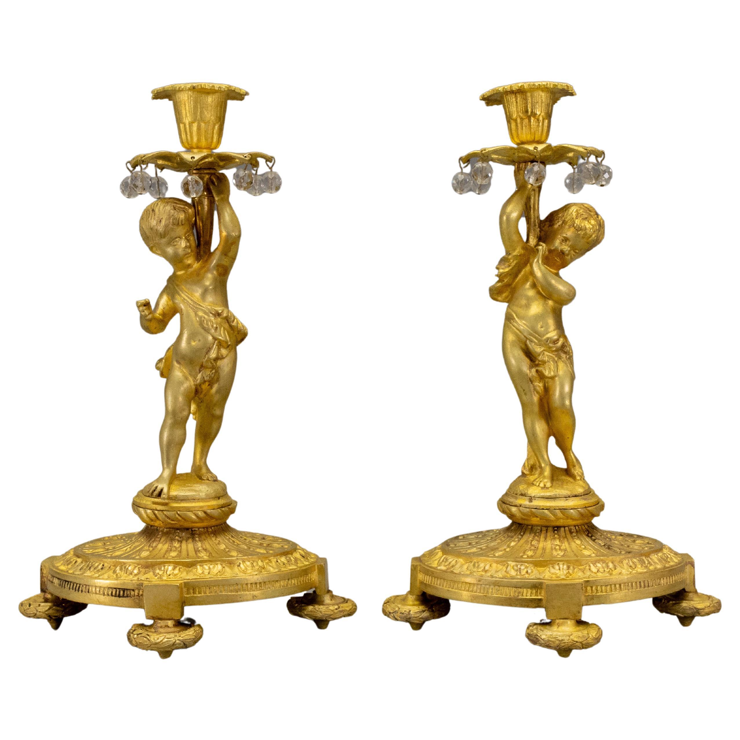 Pair of French Late 19th Century Neoclassical Style Bronze Cherub Candleholders
