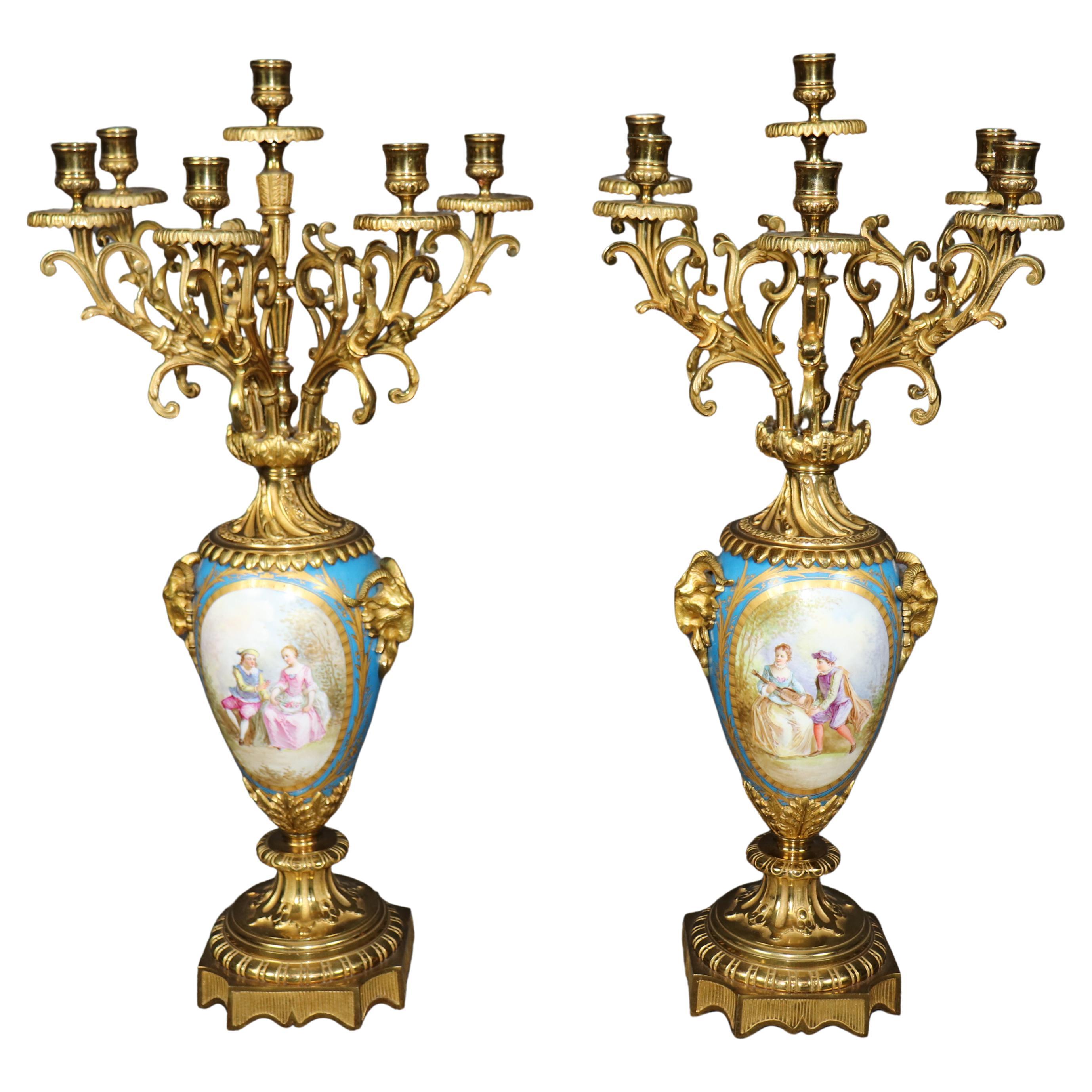 Pair of French Late 19th Century Sevres Style Porcelain and Bronze Candelabras