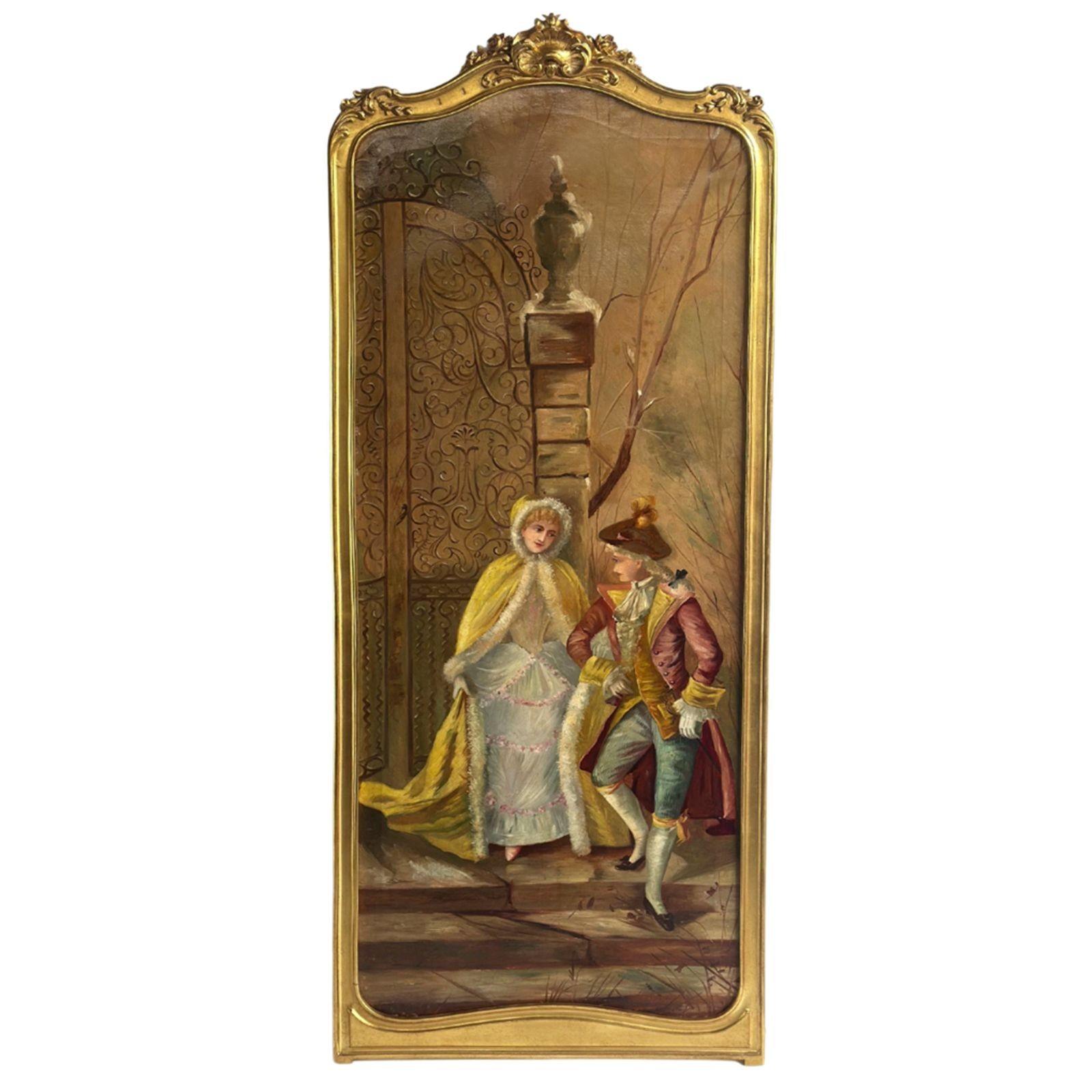 Elegant pair of tall oil on canvas paintings each depicting a romantic scene of lovers, both wearing traditional attire. The first painting depicts a couple gracefully descending a staircase, while the second showcases a young man playing the flute