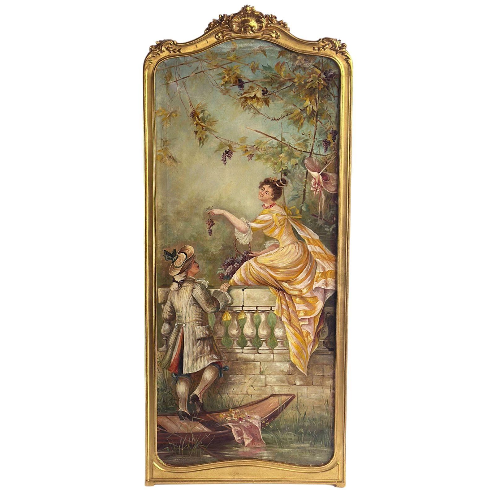 Elegant pair of tall oil on canvas paintings each depicting a romantic scene of lovers, both wearing traditional attire. The first painting depicts a lady feeding grapes to her lover who is standing on a gondola, while the second showcases a lady