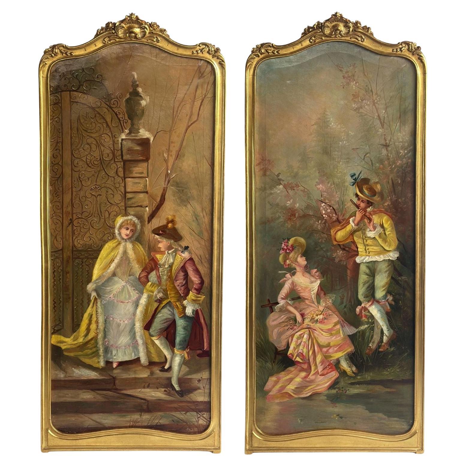 Pair of French Late 19th Century Tall Oil on Canvas Paintings For Sale