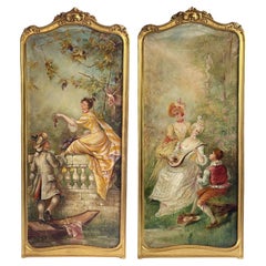Antique Pair of French Late 19th Century Tall Oil on Canvas Paintings
