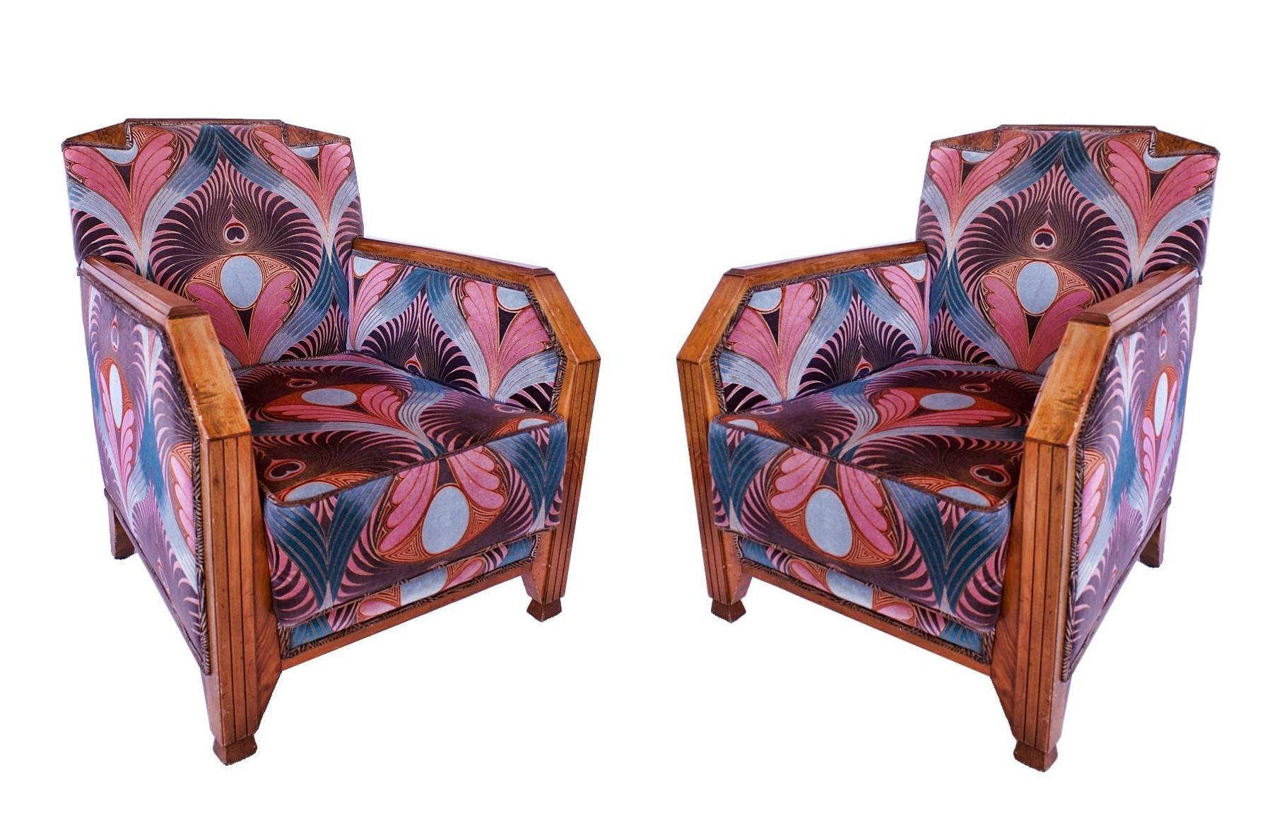 Mid-20th Century Pair of French Late Art Deco Mahogany Bergeres/ Club Chairs, Maurice Dufrene For Sale