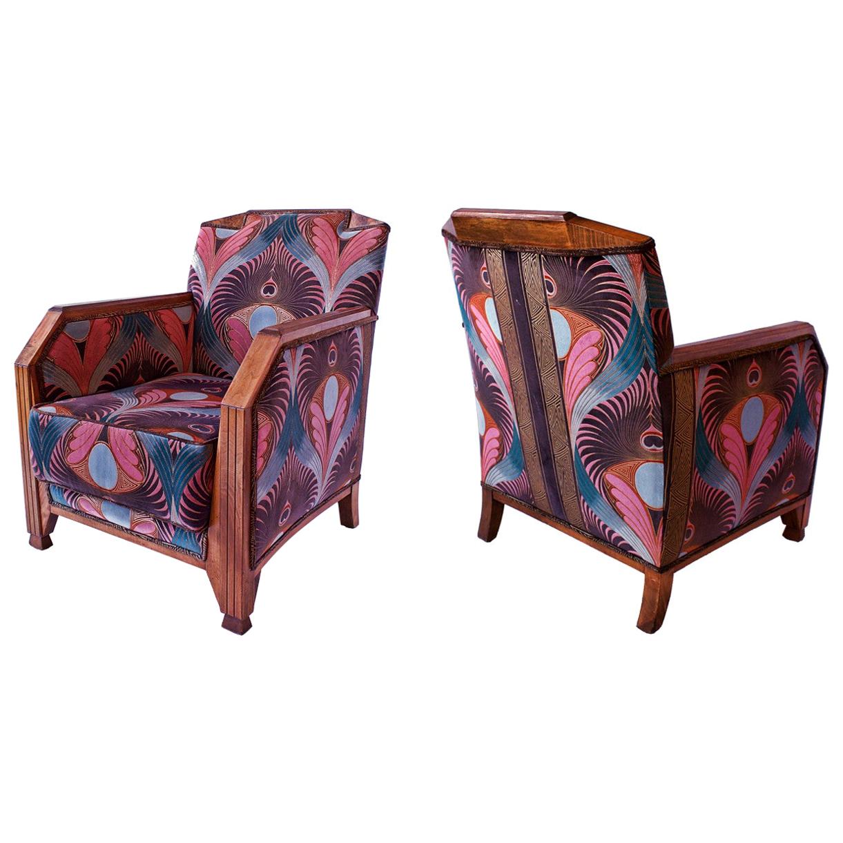 Pair of French Late Art Deco Mahogany Bergeres/ Club Chairs, Maurice Dufrene