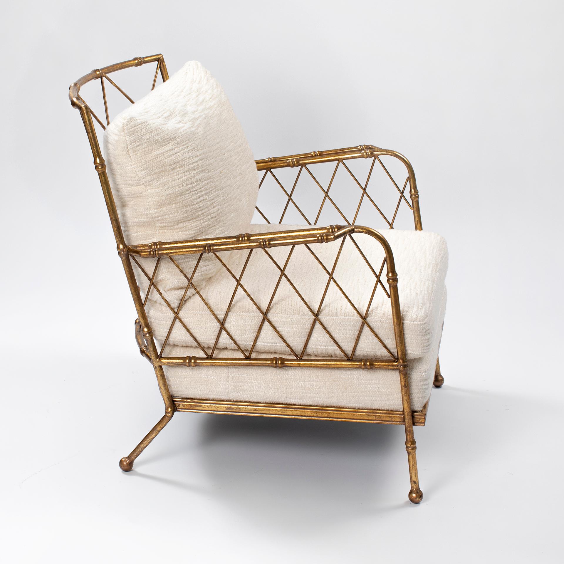 Mid-Century Modern Pair of French Mid-Centruy Gilt Iron Faux Bamboo Armchairs Offwhite Bouclé 1980s