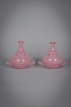 Pair of French Latticinio Carafes and Underplates, Circa 1890