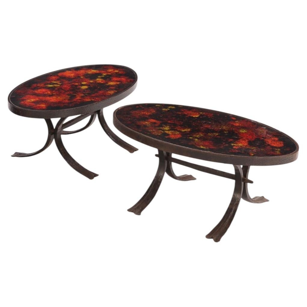 Pair of French Lava Stone and Wrought Iron Tables, C. 1970 For Sale