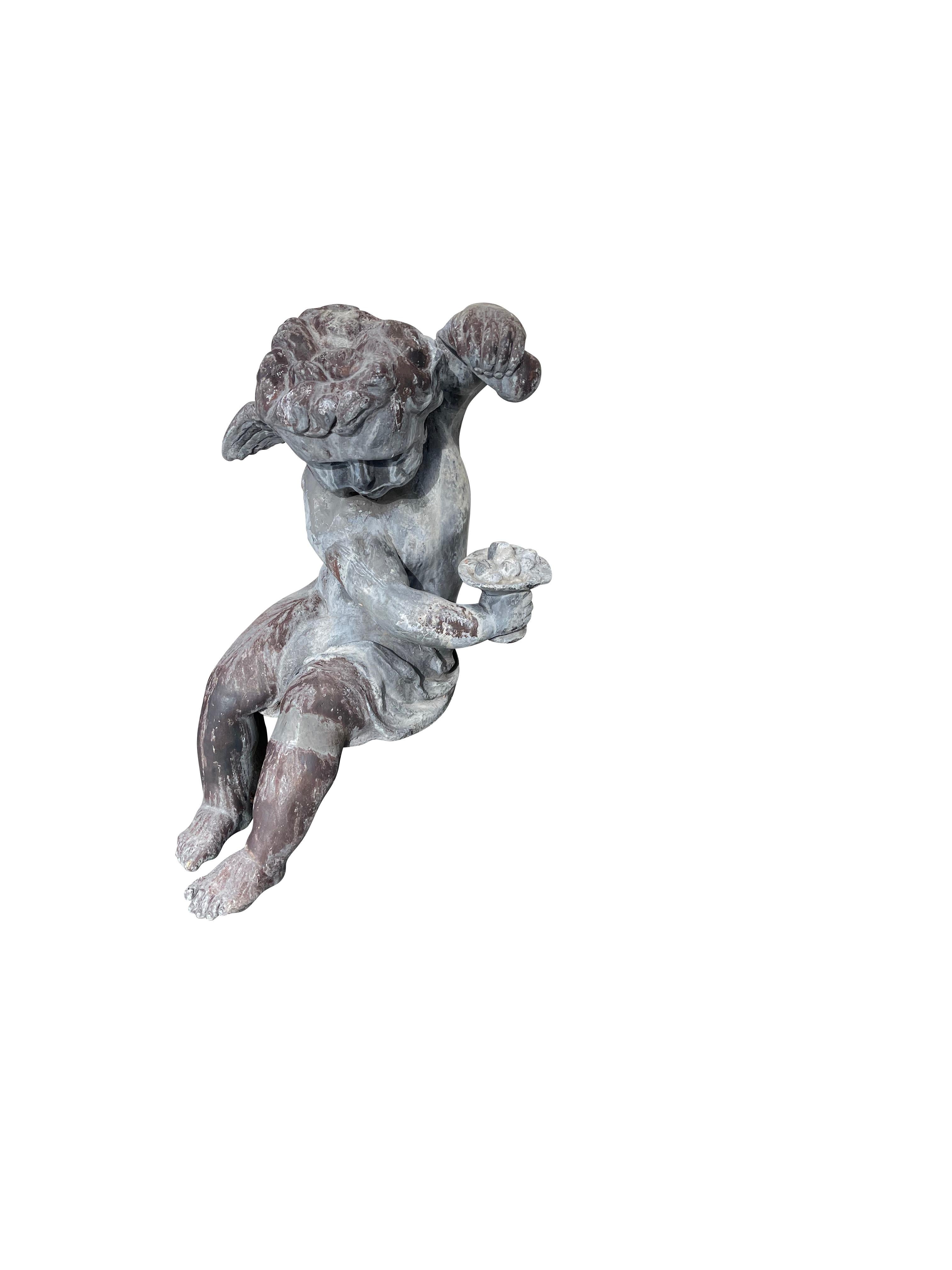 Pair of French Lead Bacchus Putti Seated Garden Figures For Sale 6