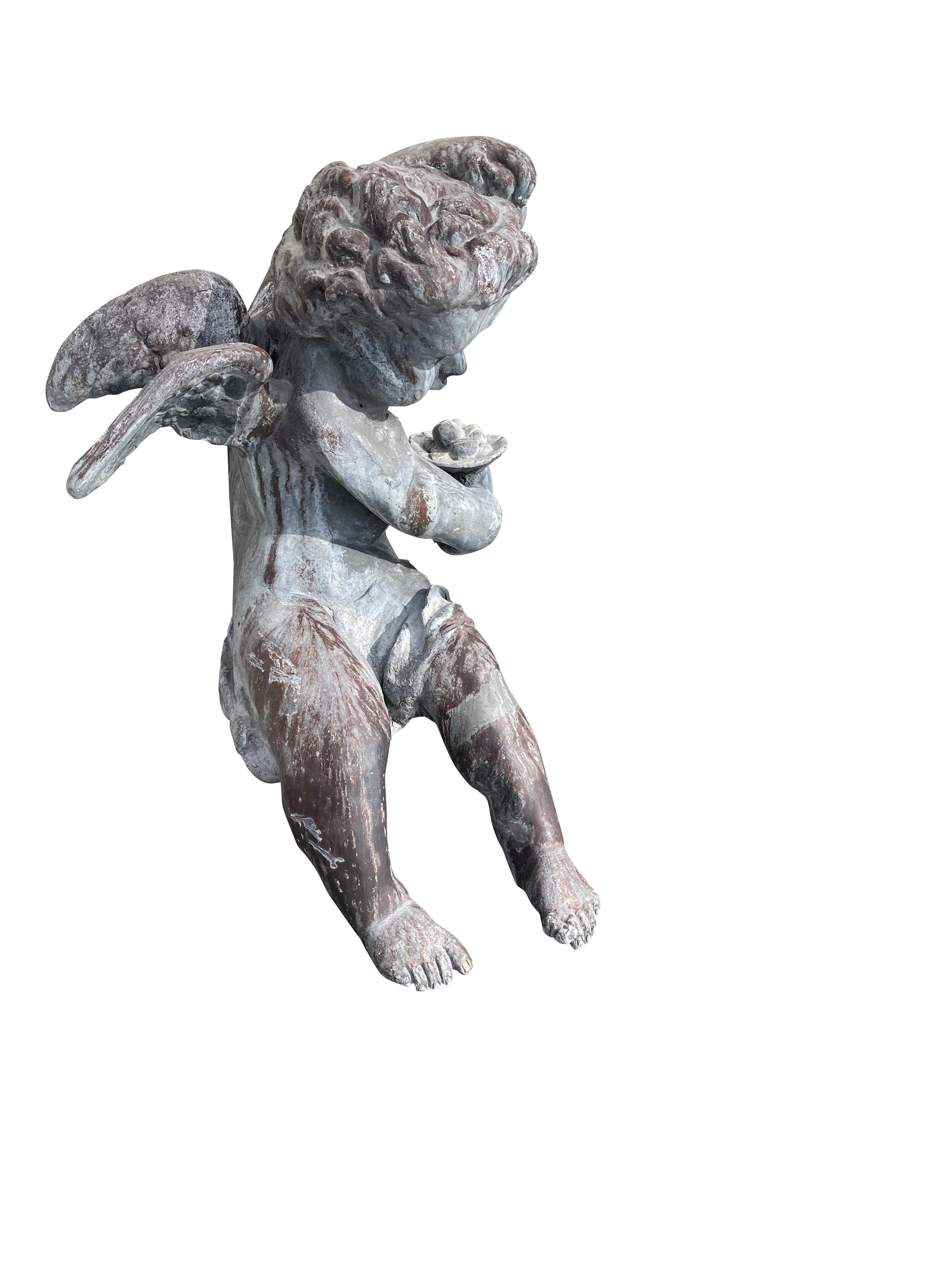 Pair of French Lead Bacchus Putti Seated Garden Figures For Sale 8