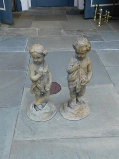 Pair of French Lead Figural Boy and Girl Foliage Garden Statues on Bases, C 1830