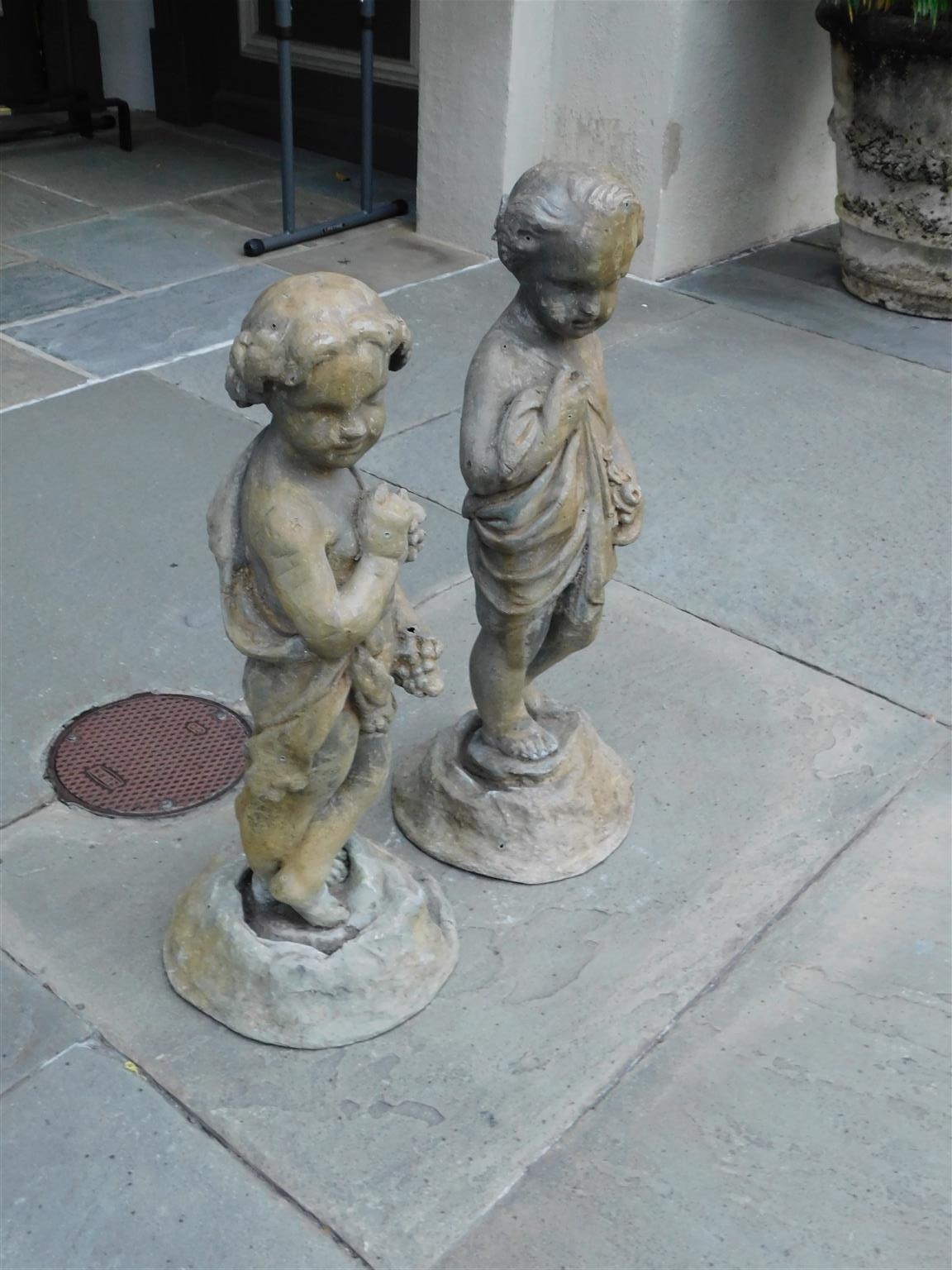 Louis Philippe Pair of French Lead Figural Boy and Girl Foliage Garden Statues on Bases, C 1830 For Sale