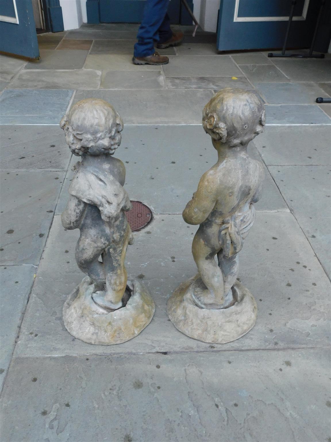 Pair of French Lead Figural Boy and Girl Foliage Garden Statues on Bases, C 1830 In Good Condition For Sale In Hollywood, SC