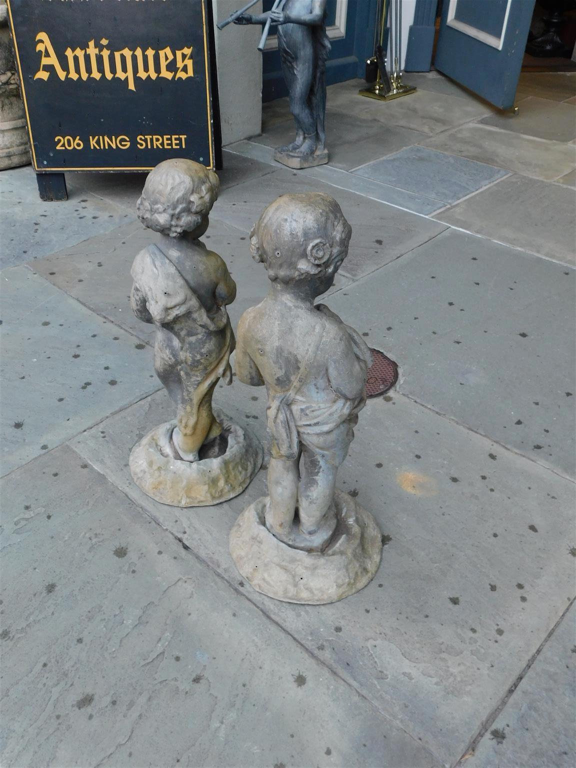 Pair of French Lead Figural Boy and Girl Foliage Garden Statues on Bases, C 1830 For Sale 1