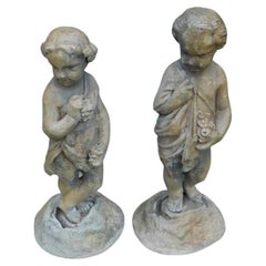 Vintage Pair of French Lead Figural Boy and Girl Foliage Garden Statues on Bases, C 1830