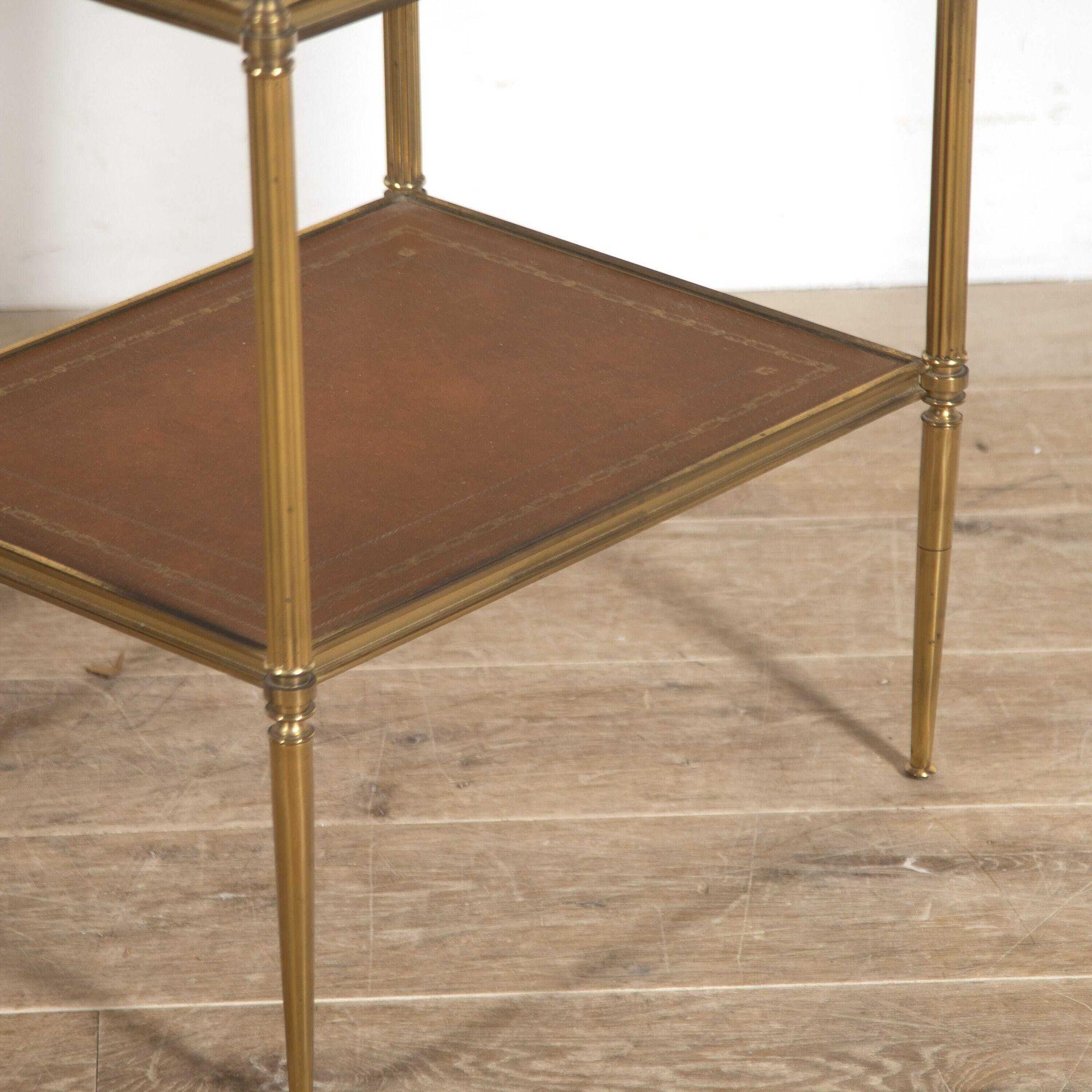 Neoclassical Pair of French Leather and Brass Side Tables