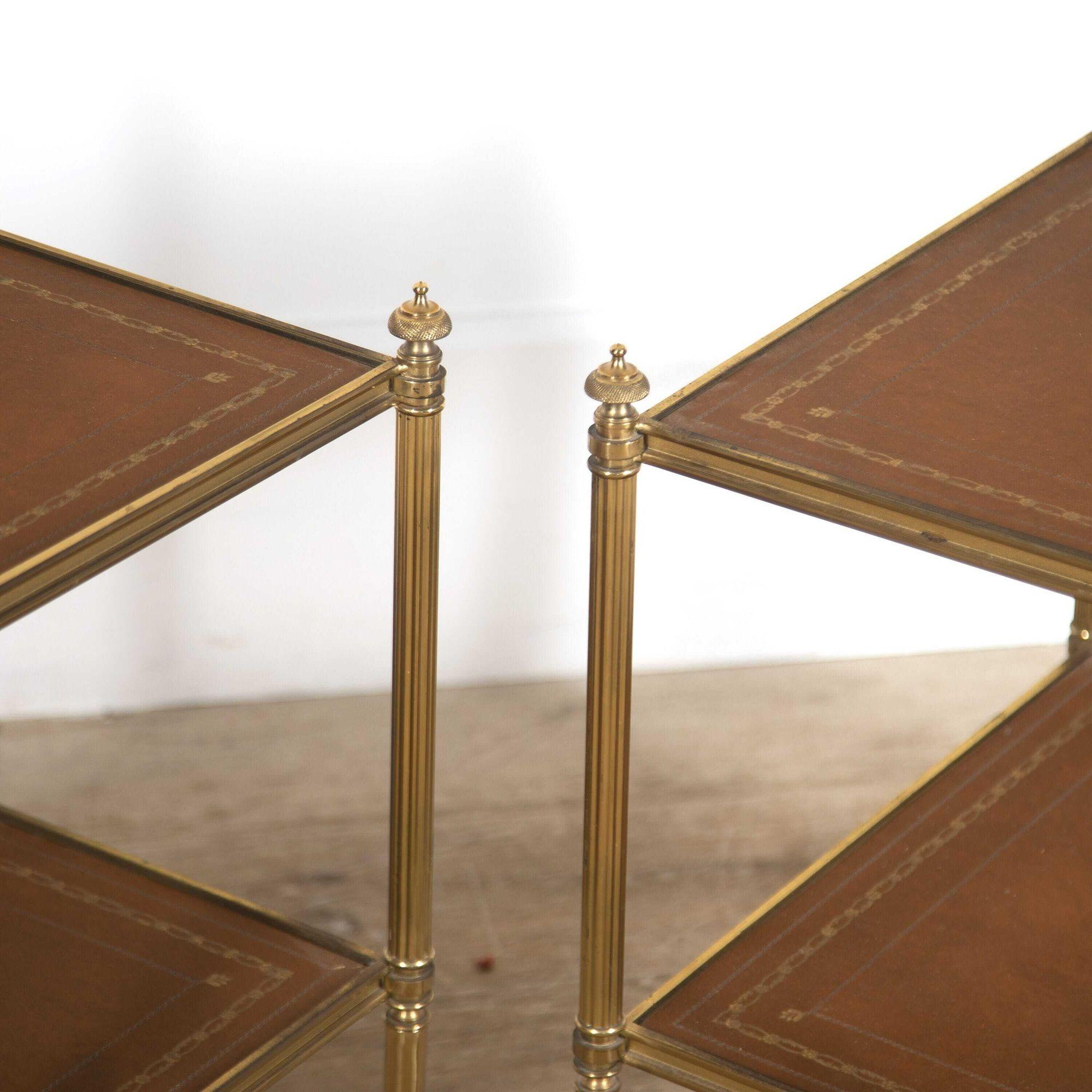 20th Century Pair of French Leather and Brass Side Tables