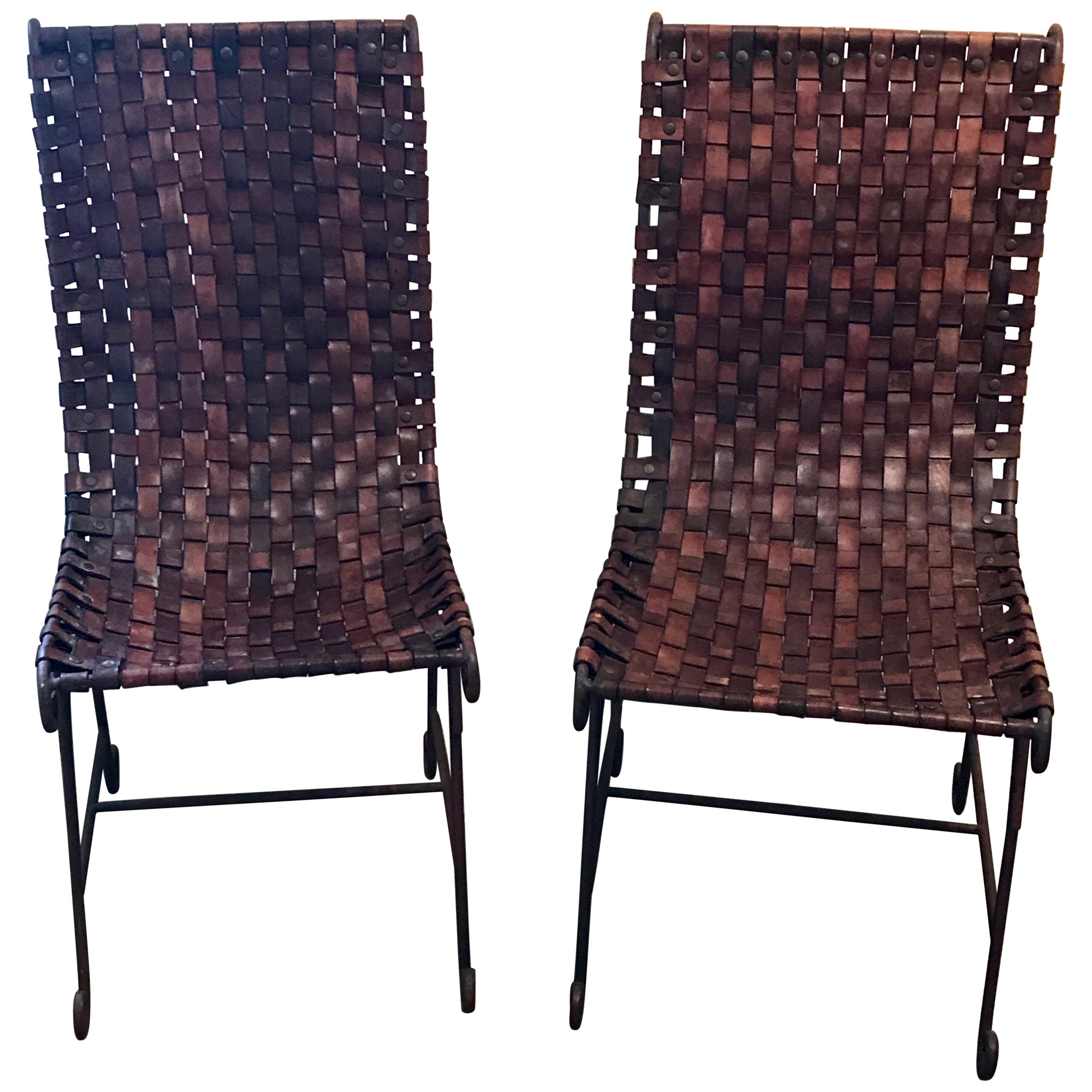 Pair of French Leather and Iron Chairs For Sale