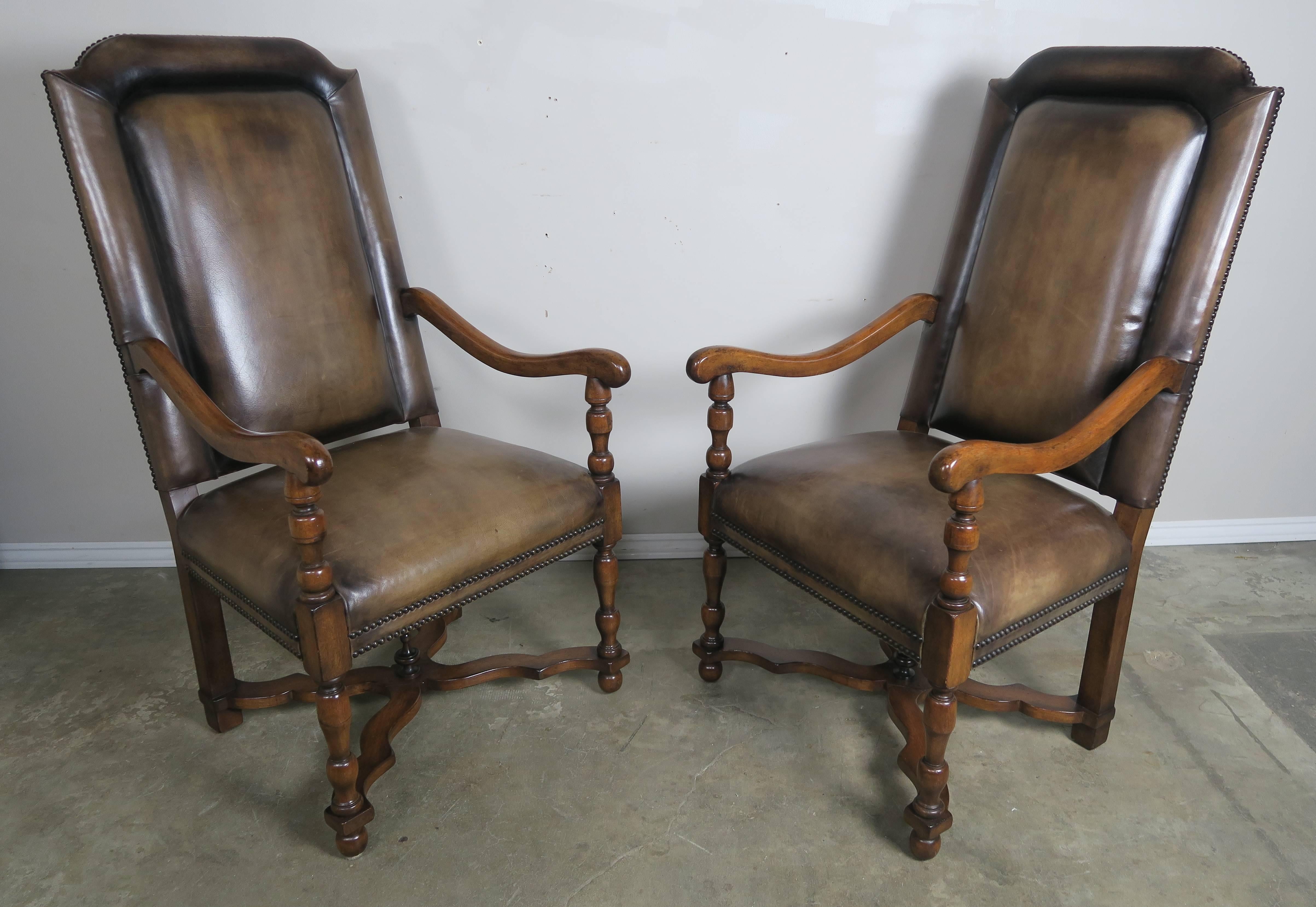French Provincial Pair of French Leather and Mohair Back Armchairs