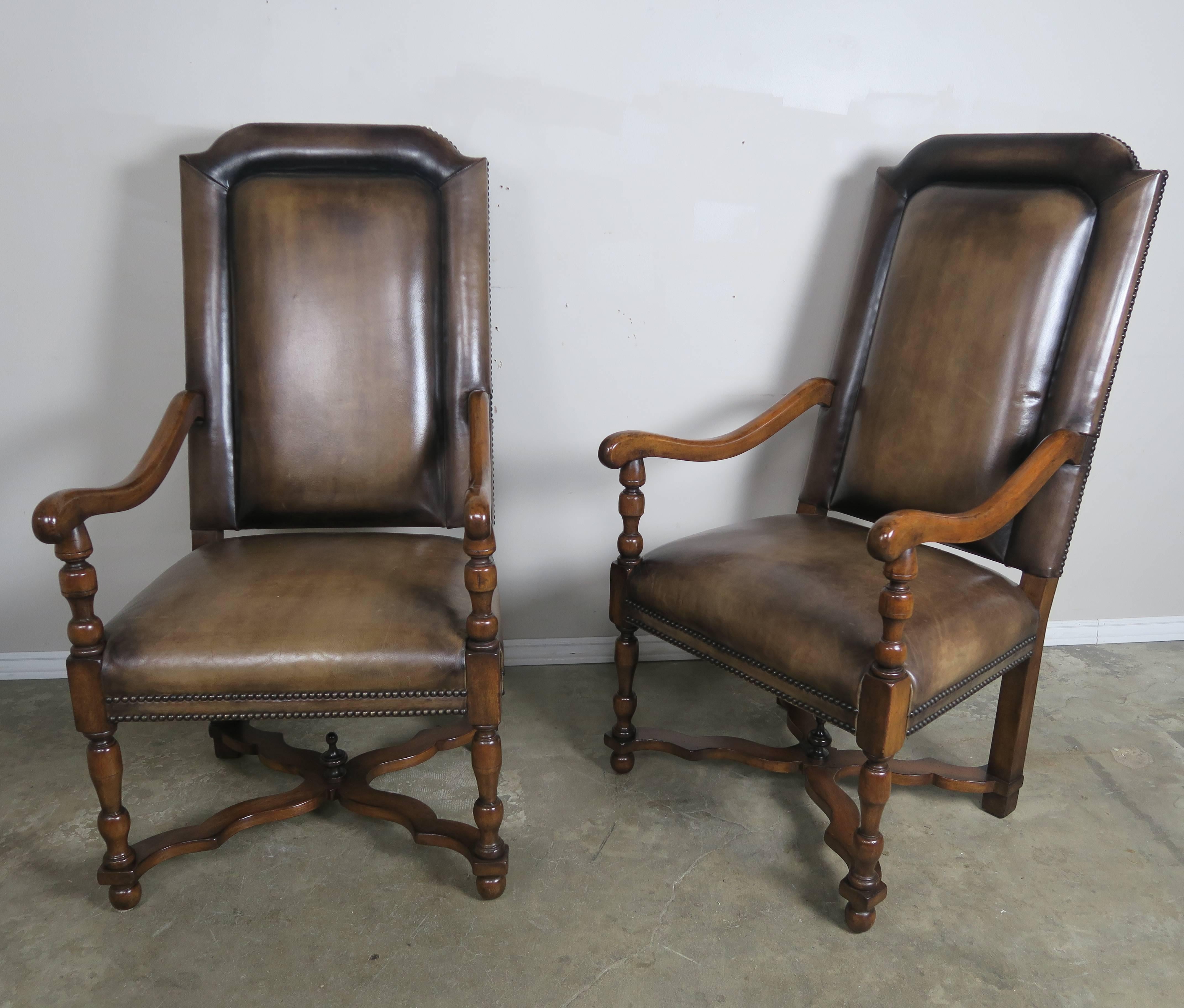 Pair of French Leather and Mohair Back Armchairs In Distressed Condition In Los Angeles, CA