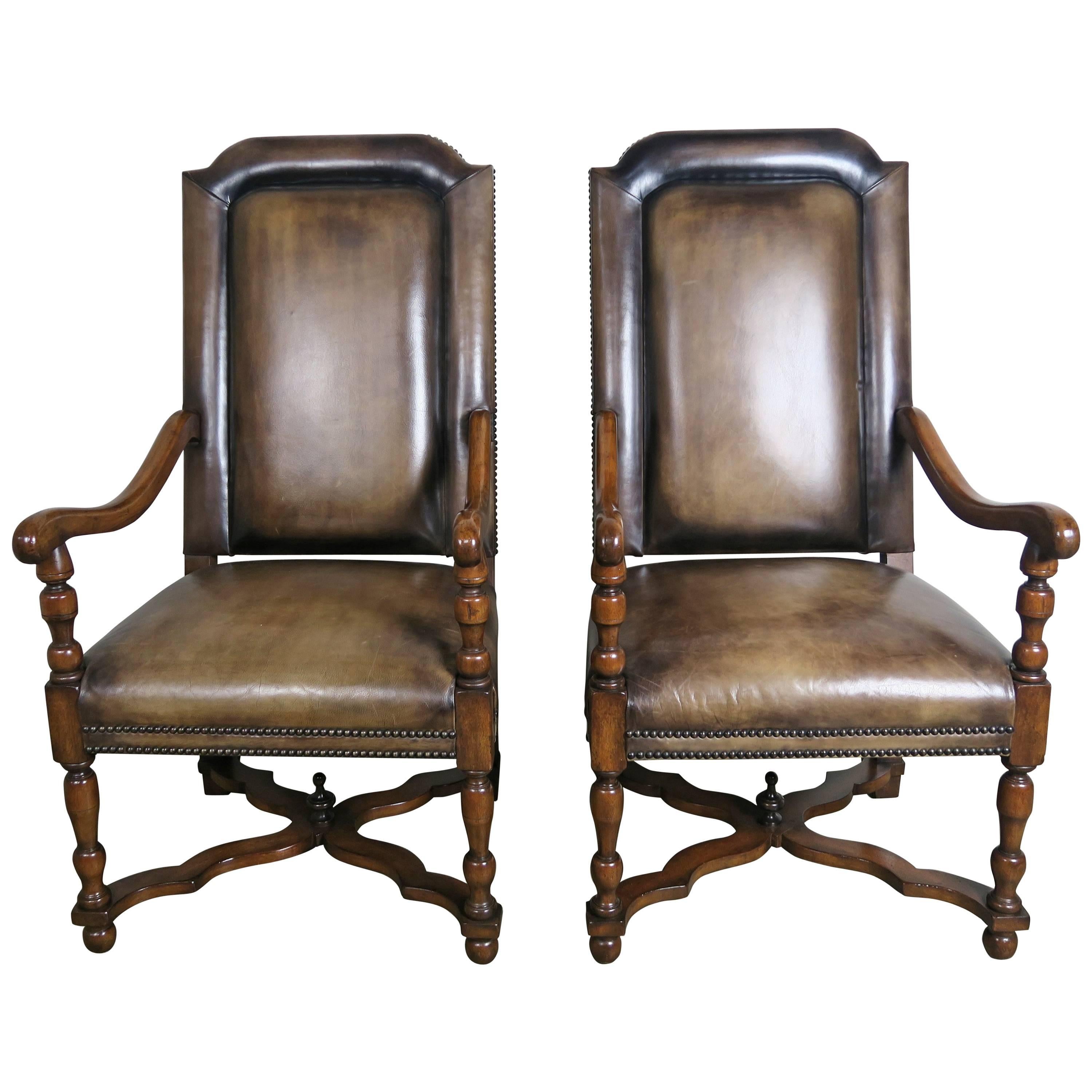 Pair of French Leather and Mohair Back Armchairs