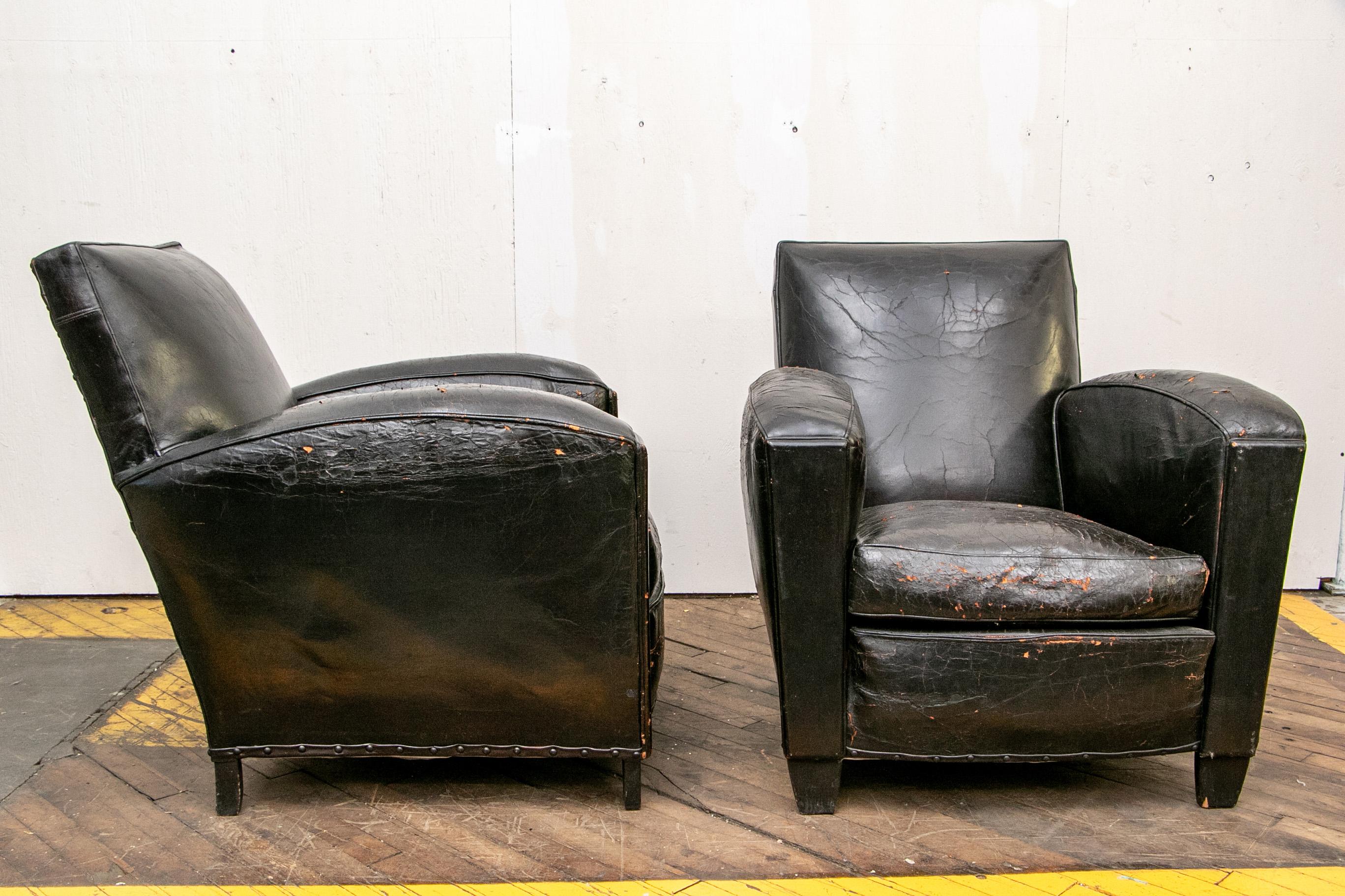 Pair of French Leather Art Deco Club Chairs 7