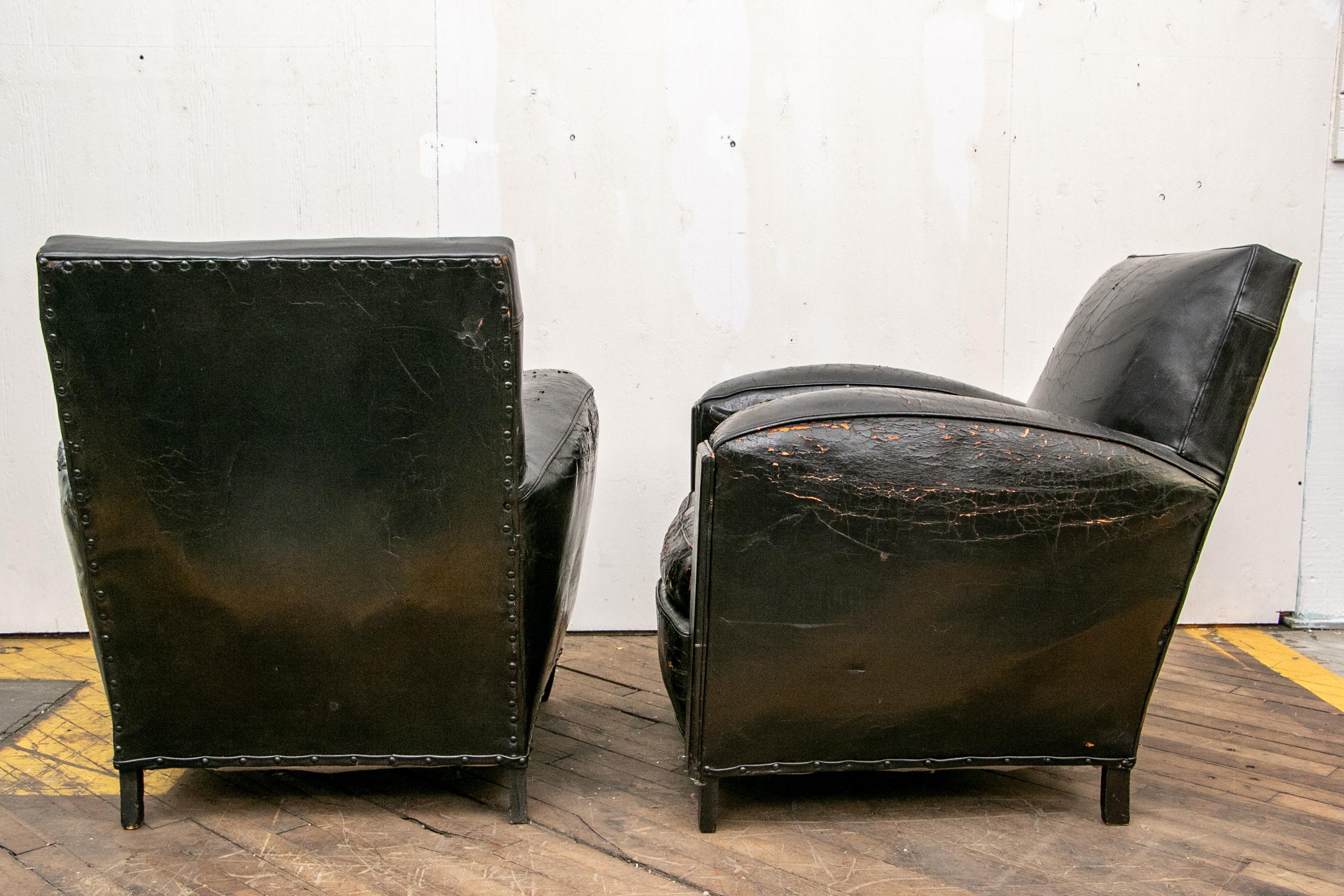 Pair of French Leather Art Deco Club Chairs 10