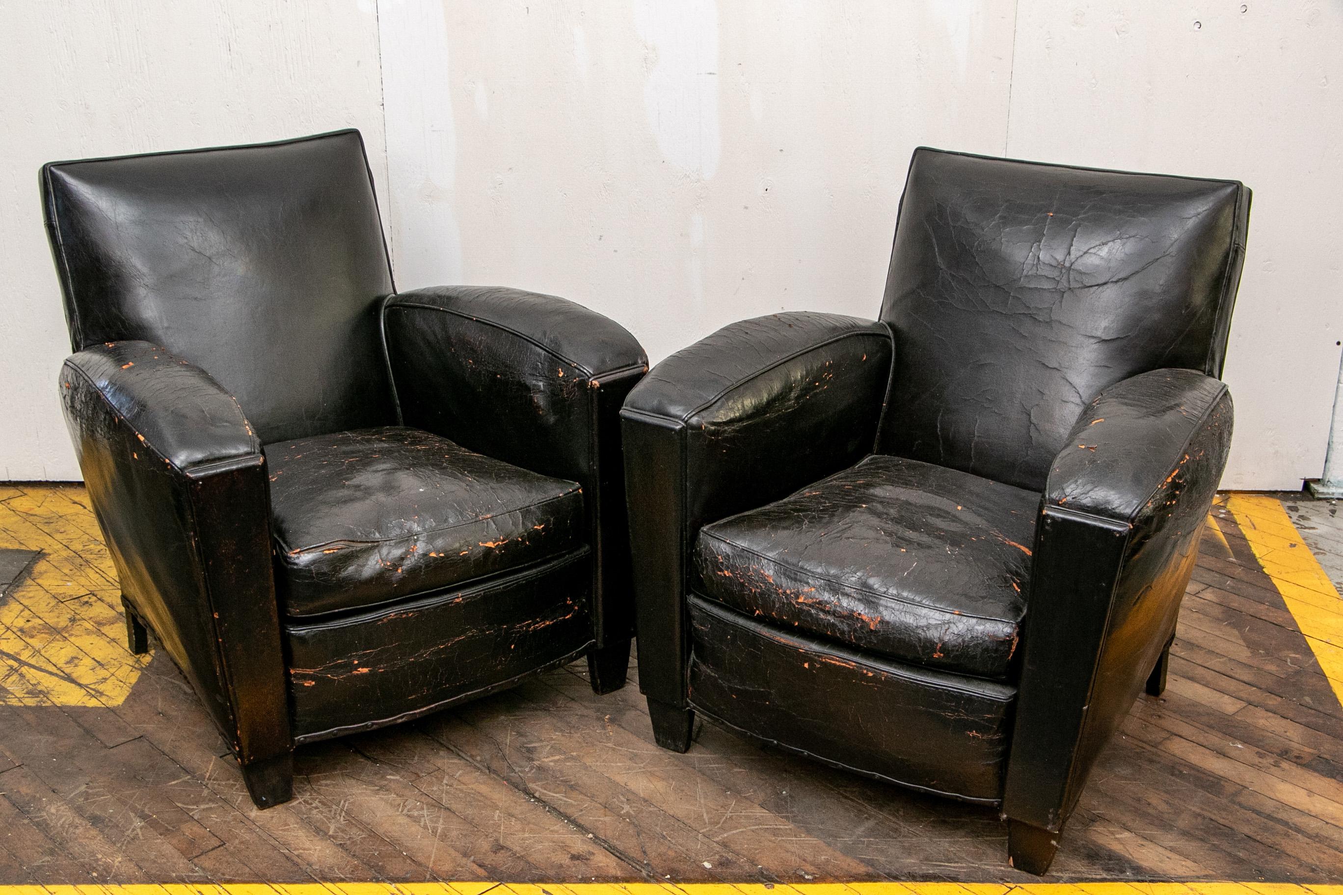 Pair of French Leather Art Deco Club Chairs 12