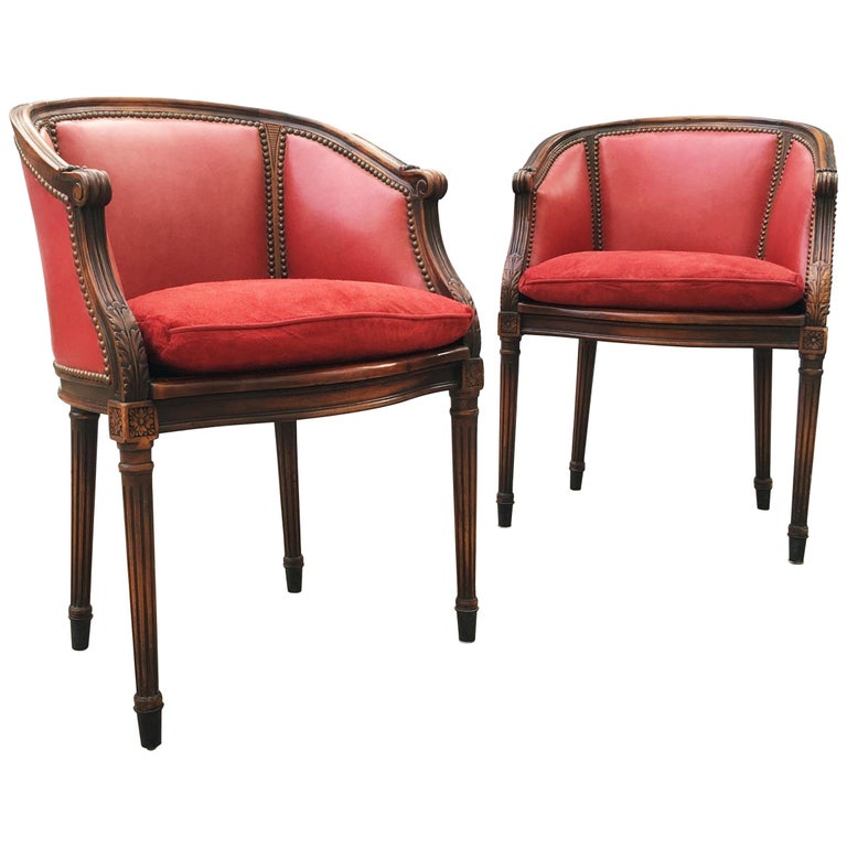 Pair of French Leather, Cane and Suede Library Bergère Chairs For Sale