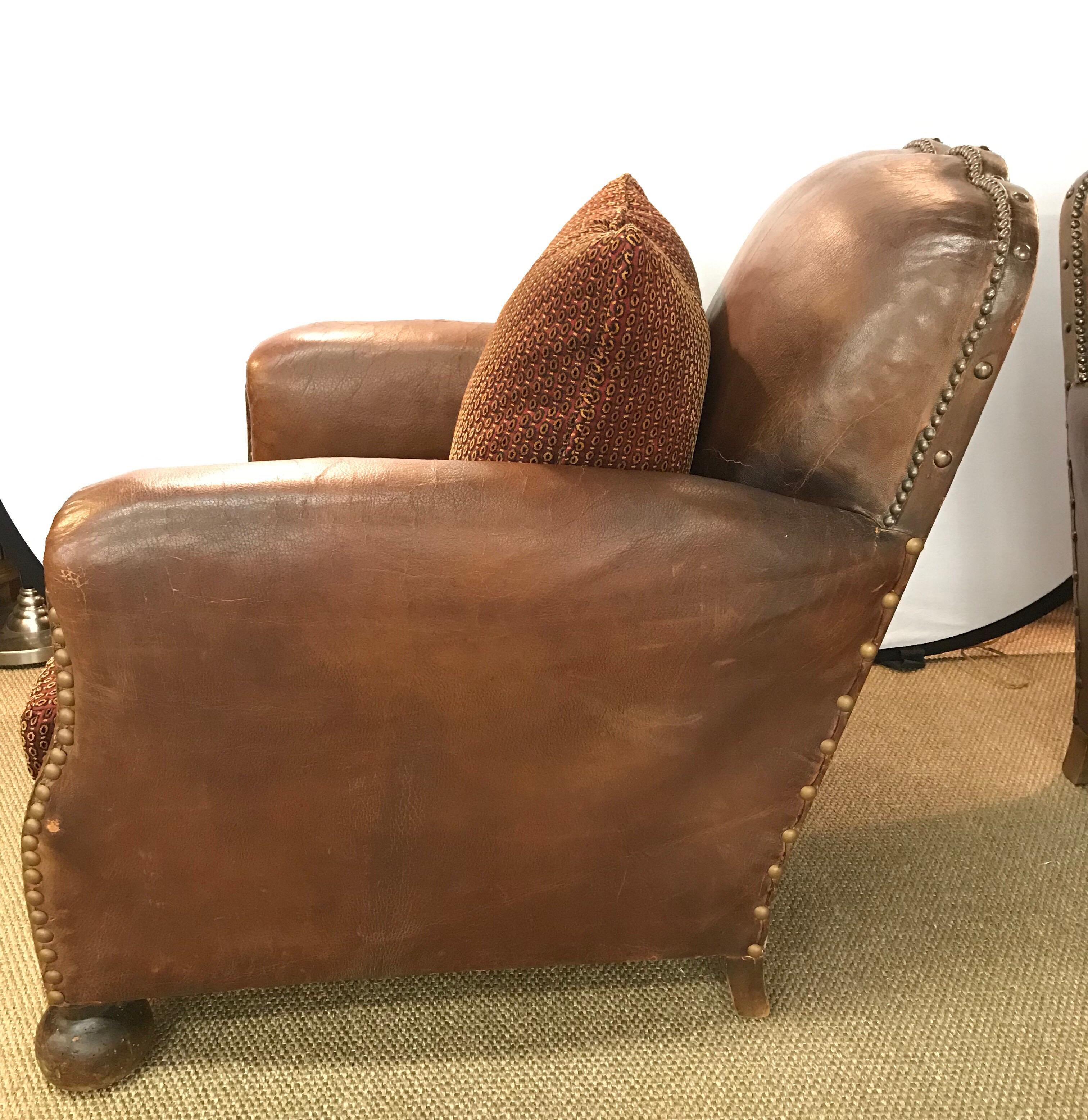 Pair of French Leather Cigar Club Chairs Armchairs 3