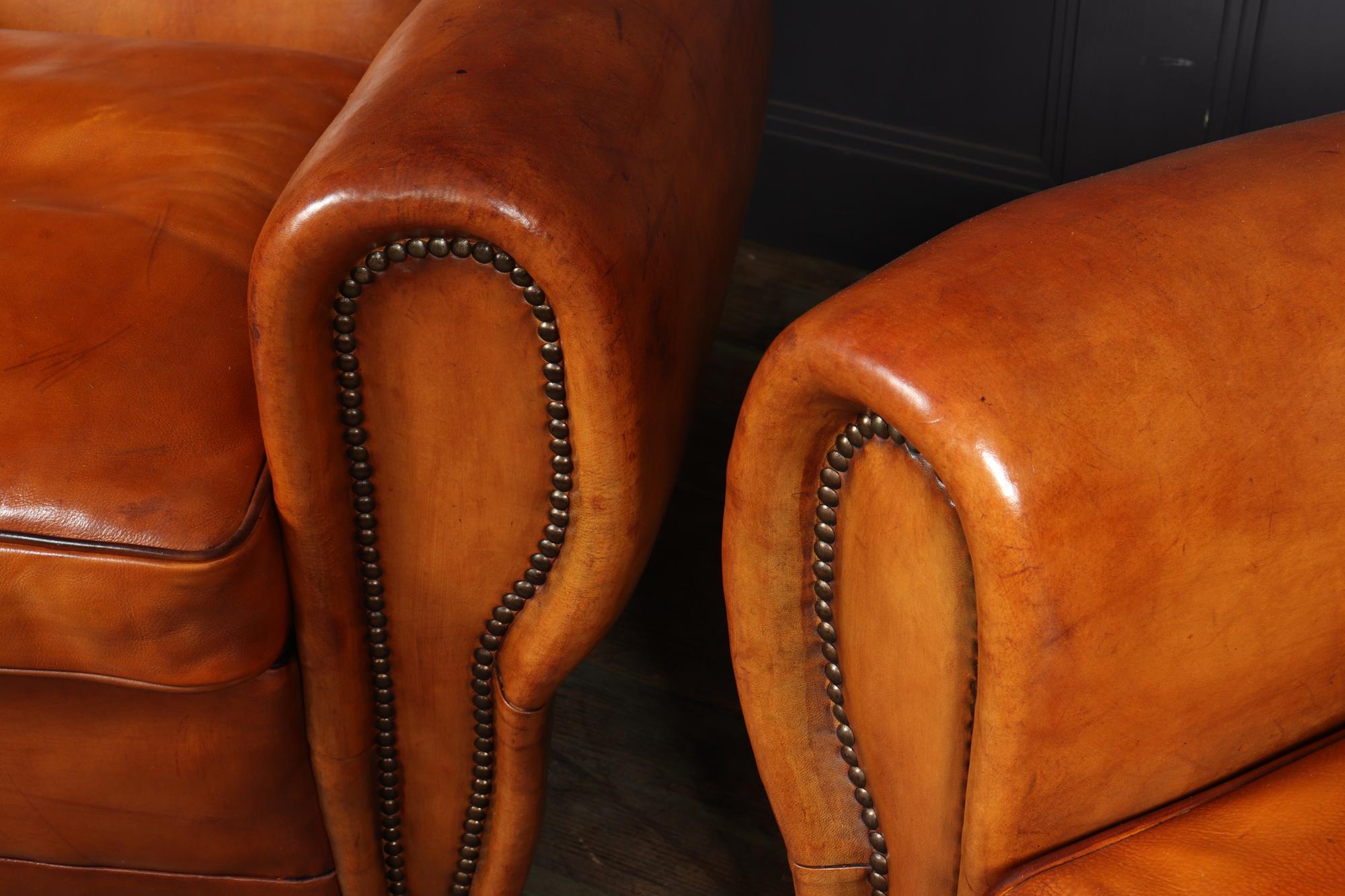 Mid-20th Century Pair of French Leather Club Armchairs, 1940